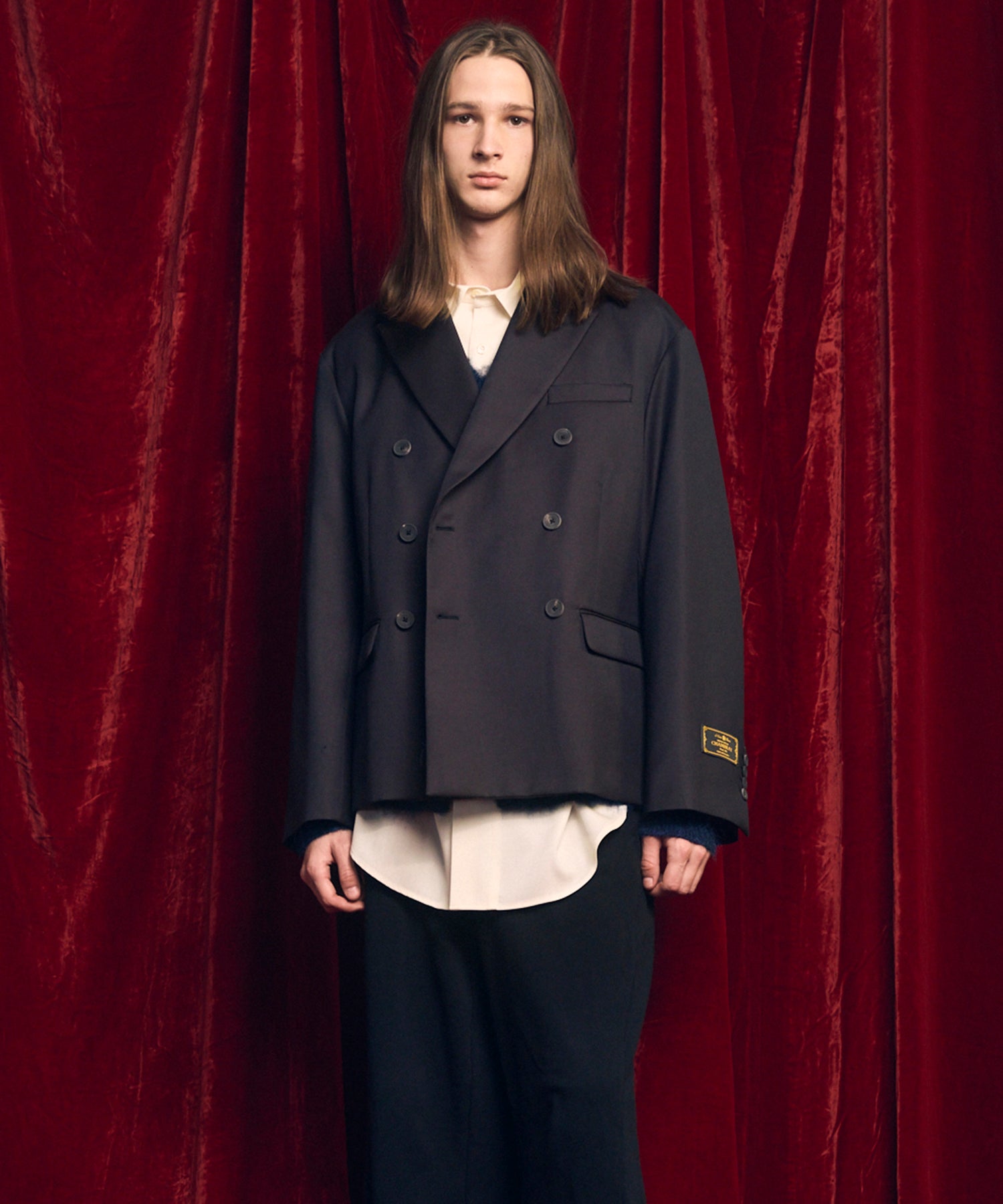 4种颜色Chambray可洗的羊毛峰峰翻领双胸夹克