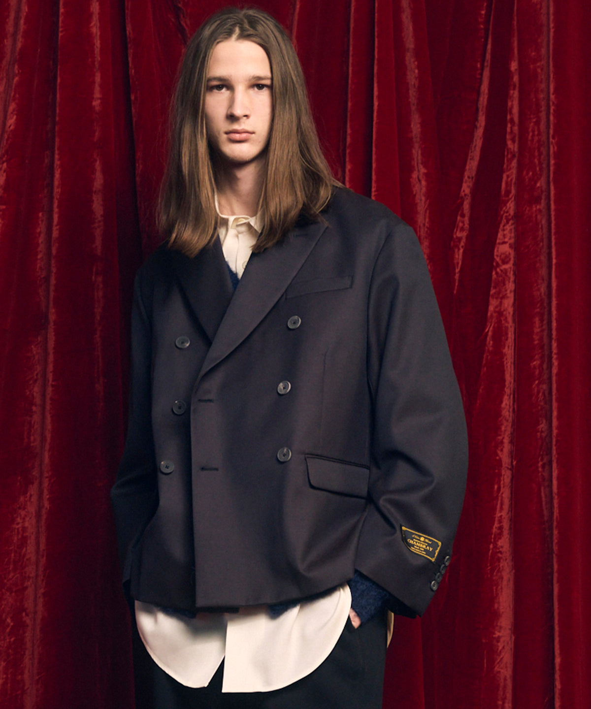 4 Colors Chambray Washable Wool Prime-Over Peaked Lapel Double Breasted Jacket