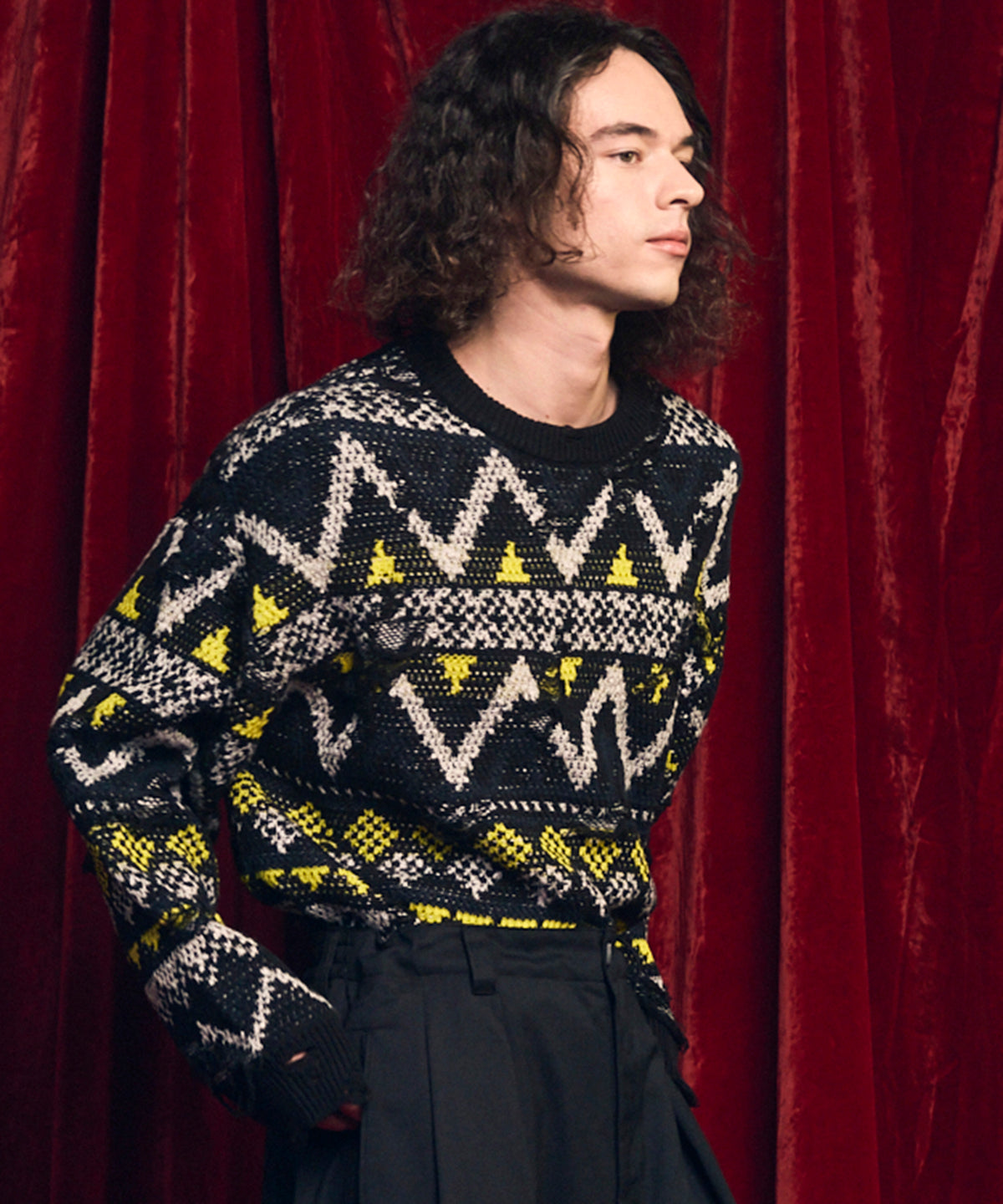Nordic Damage Jacquard Prime-Over Crew Neck Knit Pullover