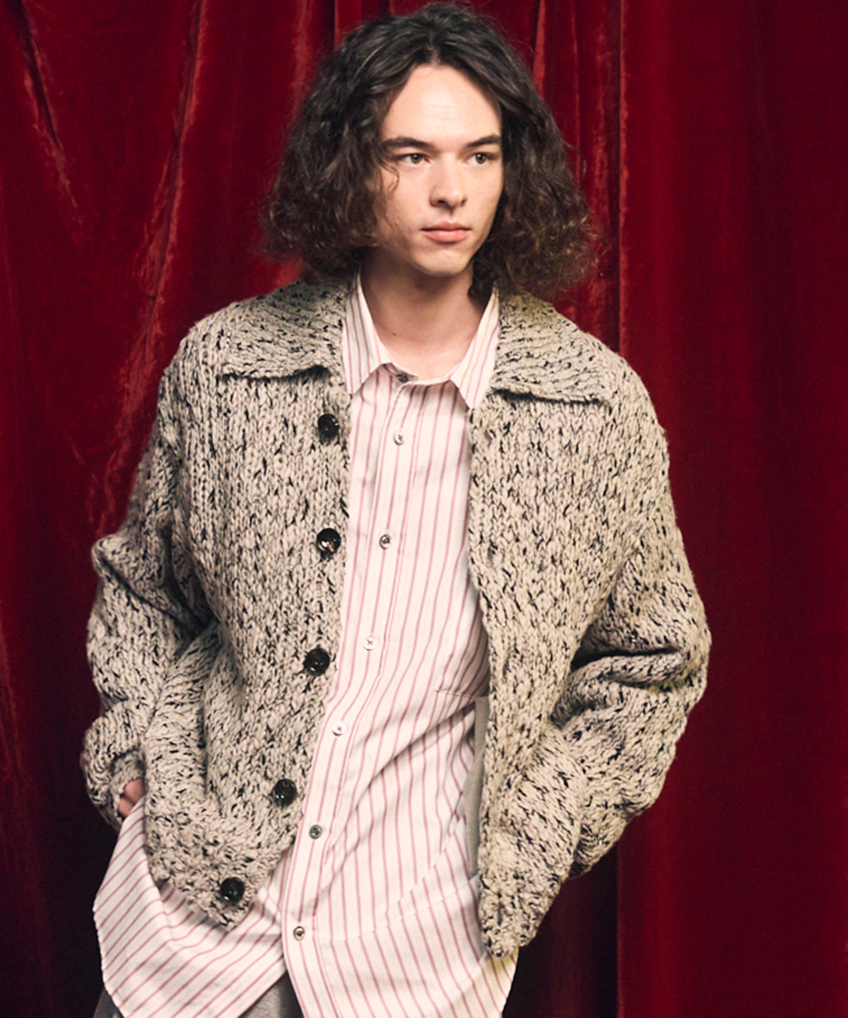 Slub Yarn Prime-Over Collared Cardigan