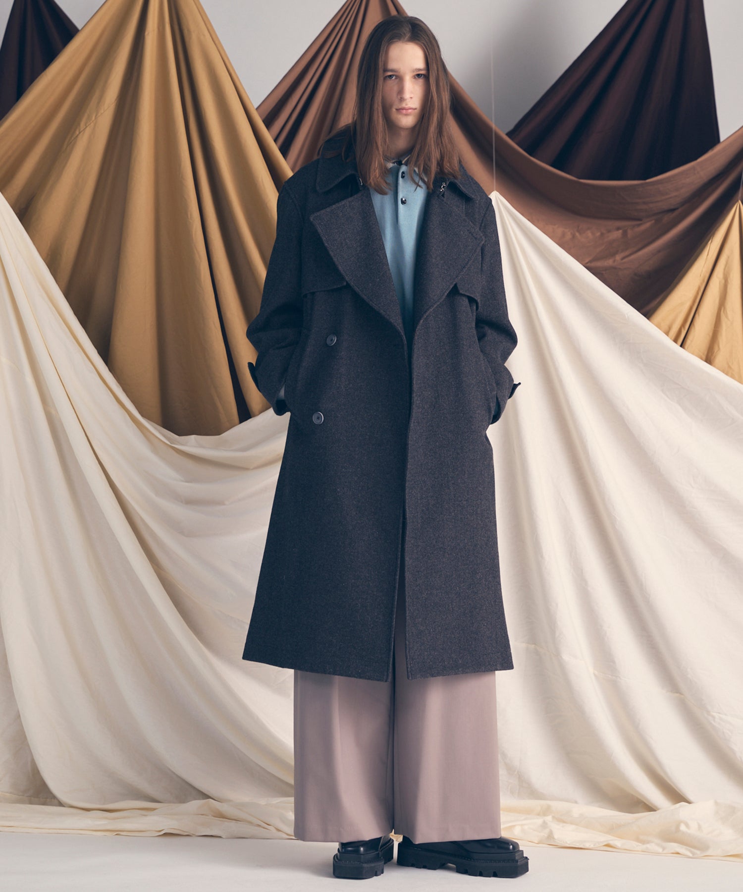 羊毛混合光滑的宽宽松裤子