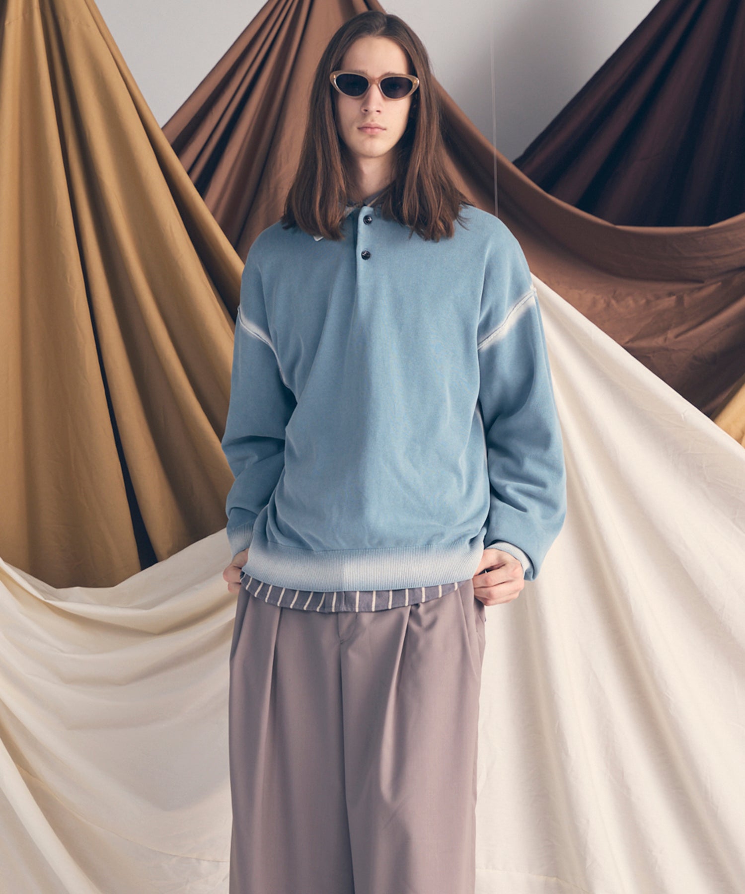 High Twist Pigment Bleach Prime-Over Long Sleeve Knit Polo Shirt