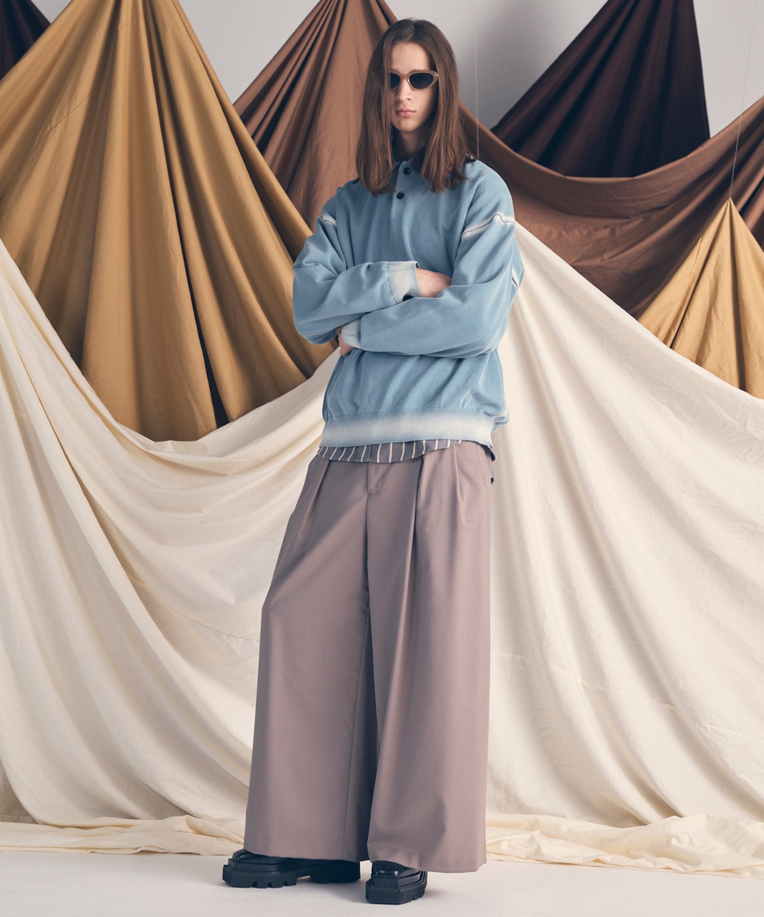 High Twist Pigment Bleach Prime-Over Long Sleeve Knit Polo Shirt