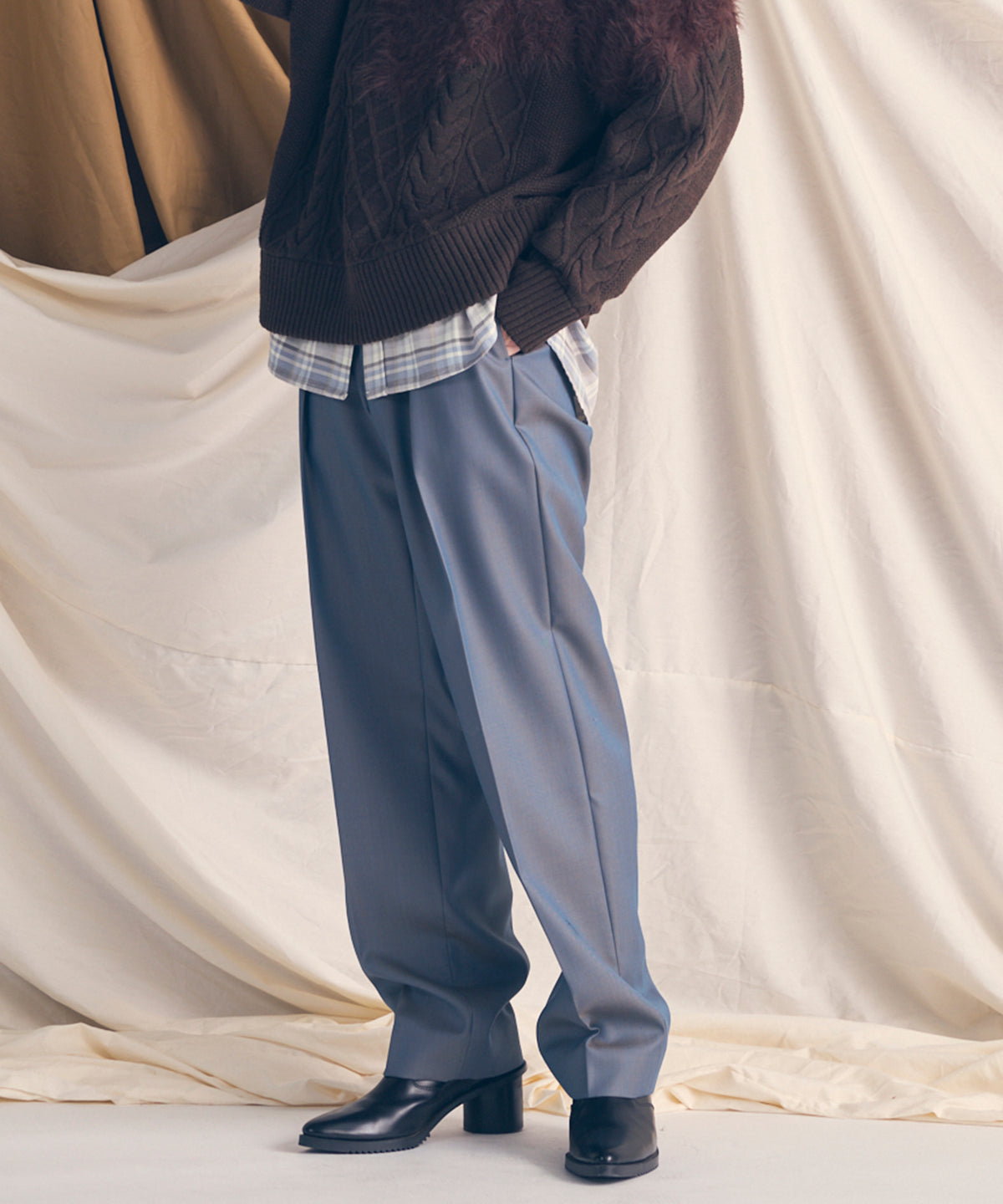 4 Colors Chambray Washable Wool One Tuck Straight Pants