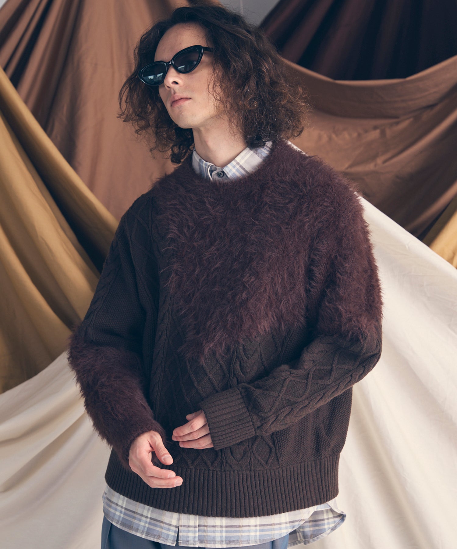 [25AW PRE-ORDER] Cable Shaggy Mix Prime-Over Crew Neck Knit Pullover