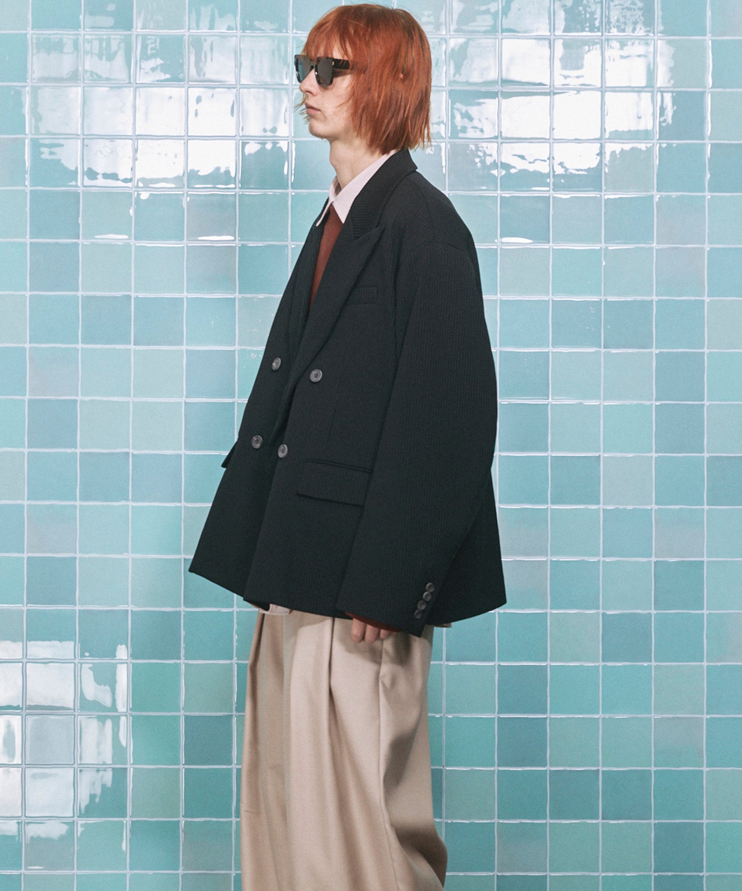 4 색 샹 브레이 세탁 가능한 양모 피크 라펠 더블 가슴 재킷