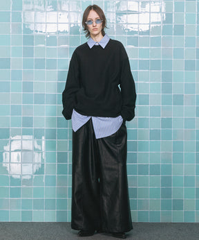 인공 가죽 핀 턱 넓은 바지