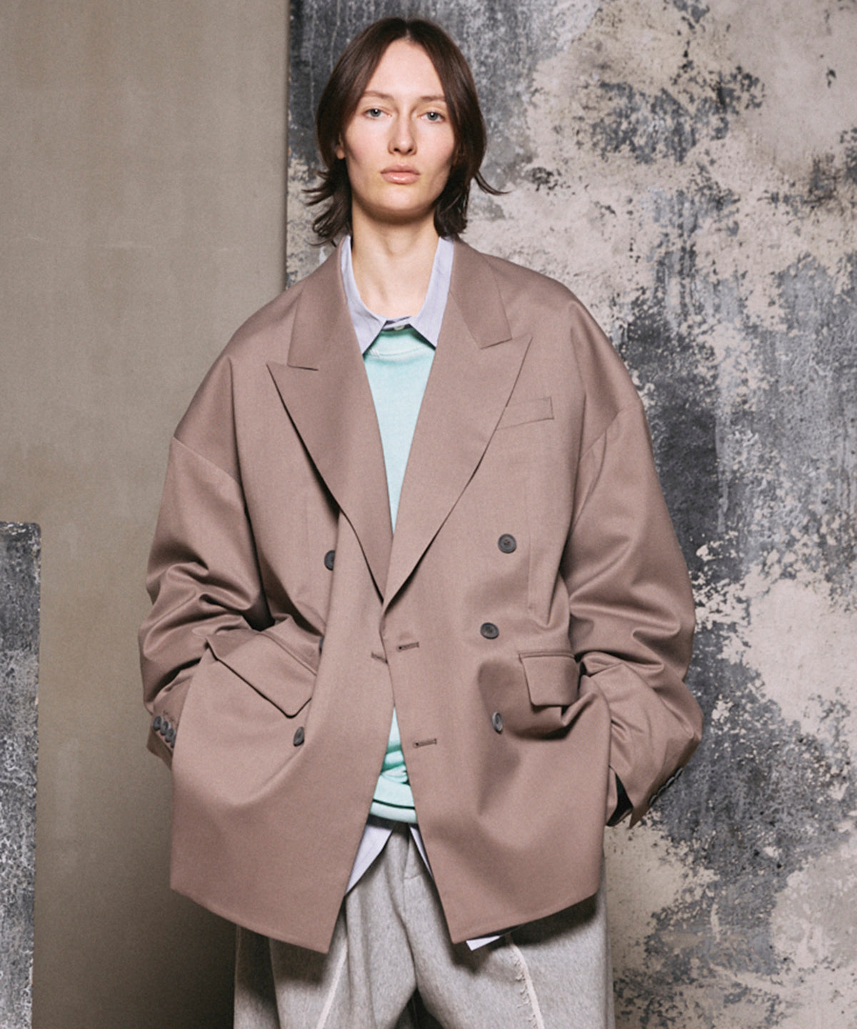 Wool Mix Smooth Prime-Over Peaked Lapel Double Tailored Jacket