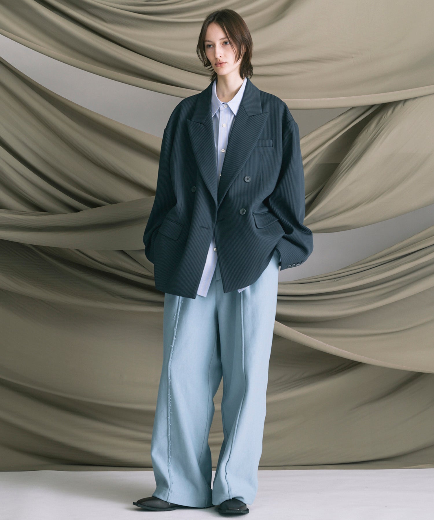 4 색 샹 브레이 세탁 가능한 양모 피크 라펠 더블 가슴 재킷