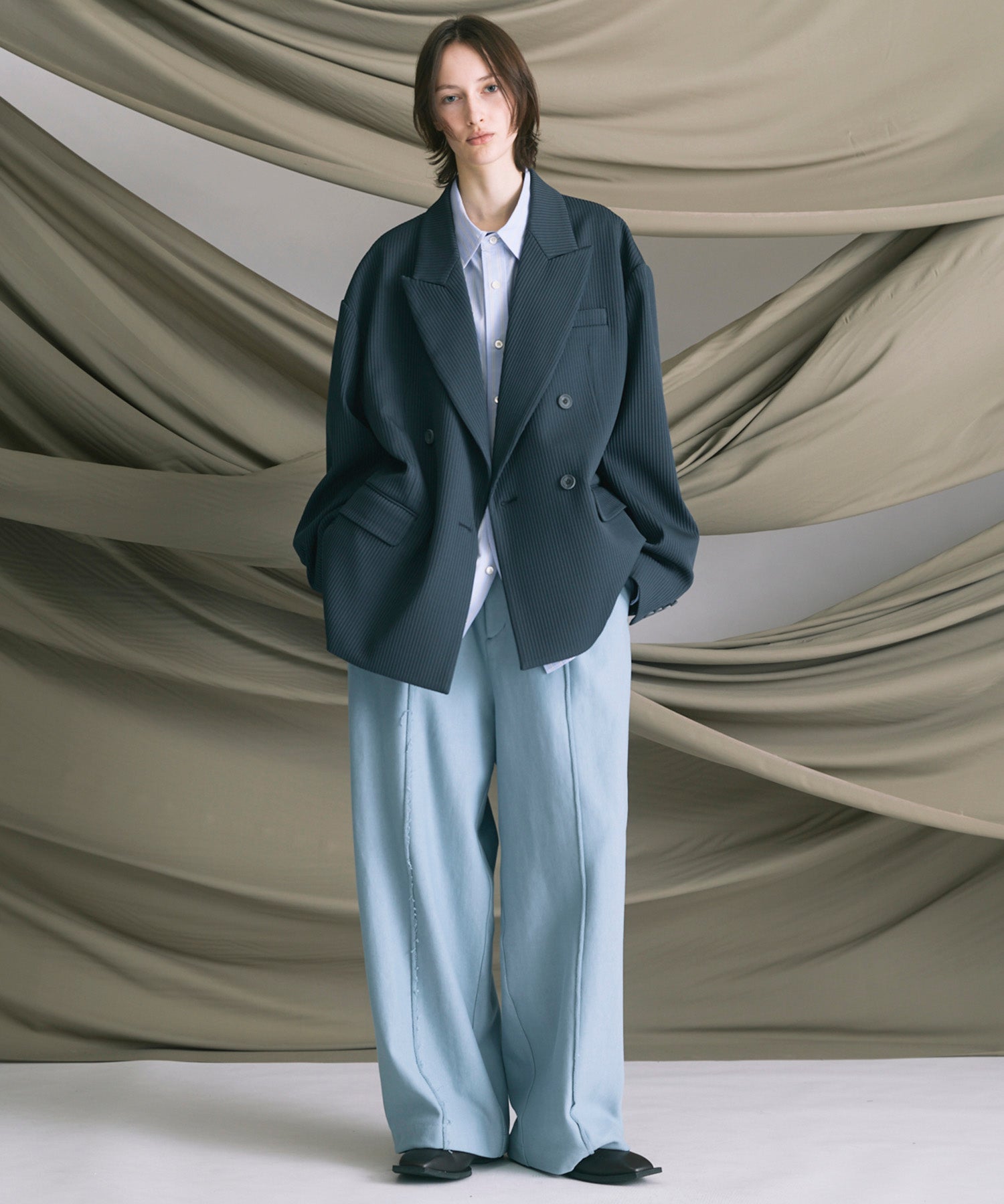 4 색 샹 브레이 세탁 가능한 양모 피크 라펠 더블 가슴 재킷