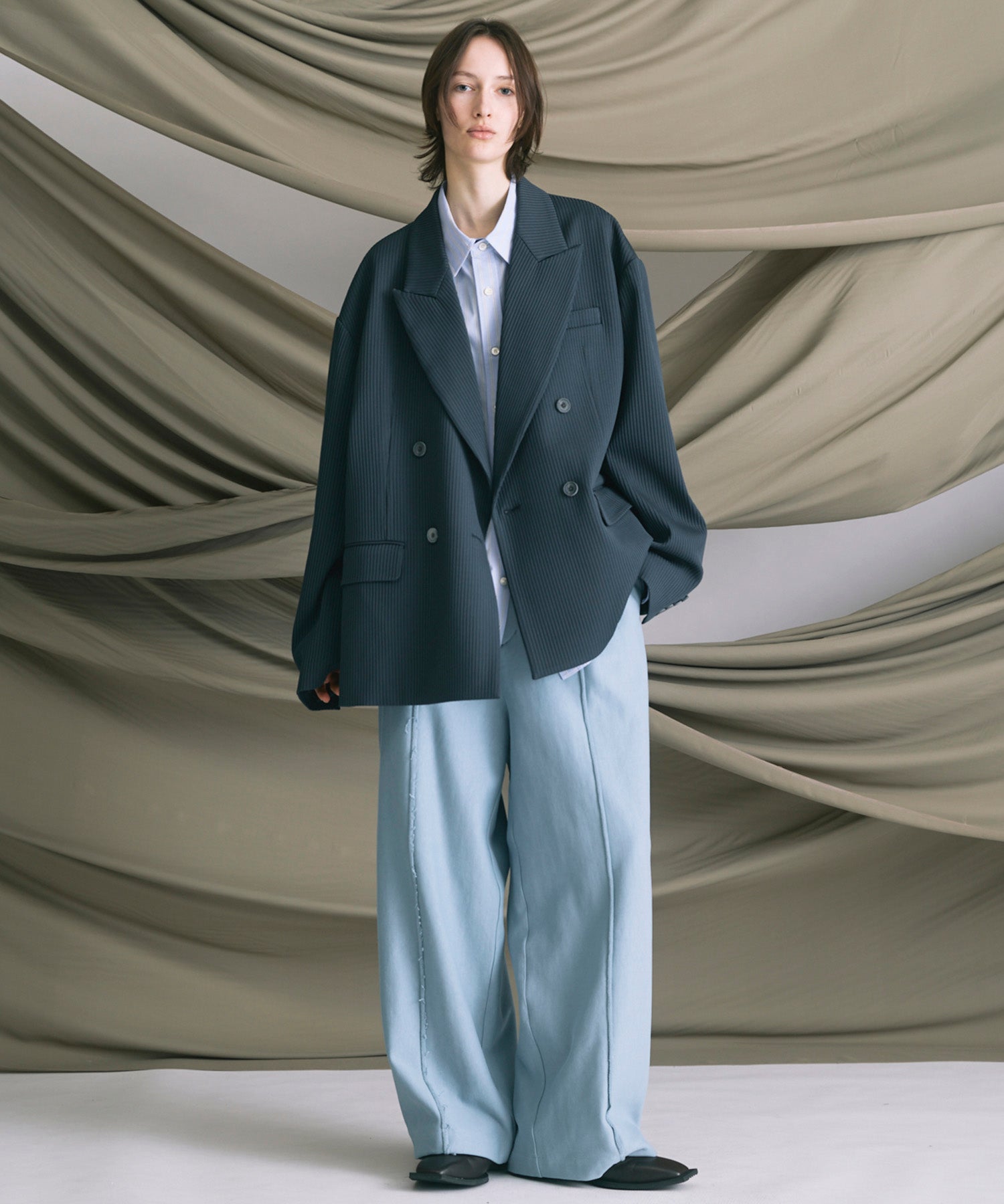 4 색 샹 브레이 세탁 가능한 양모 피크 라펠 더블 가슴 재킷