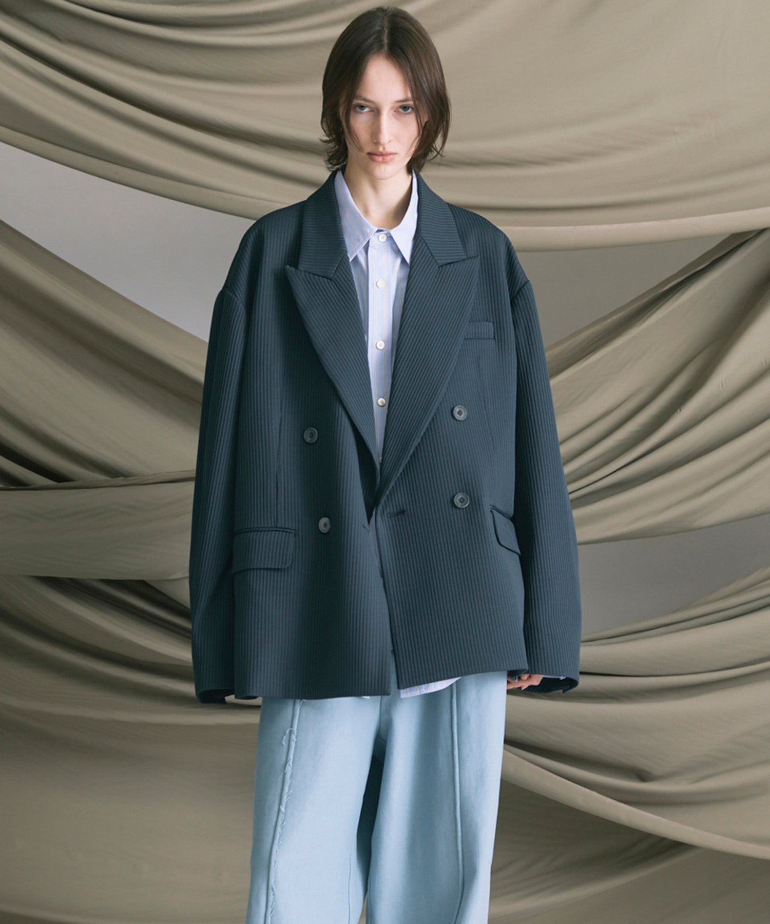 4 색 샹 브레이 세탁 가능한 양모 피크 라펠 더블 가슴 재킷