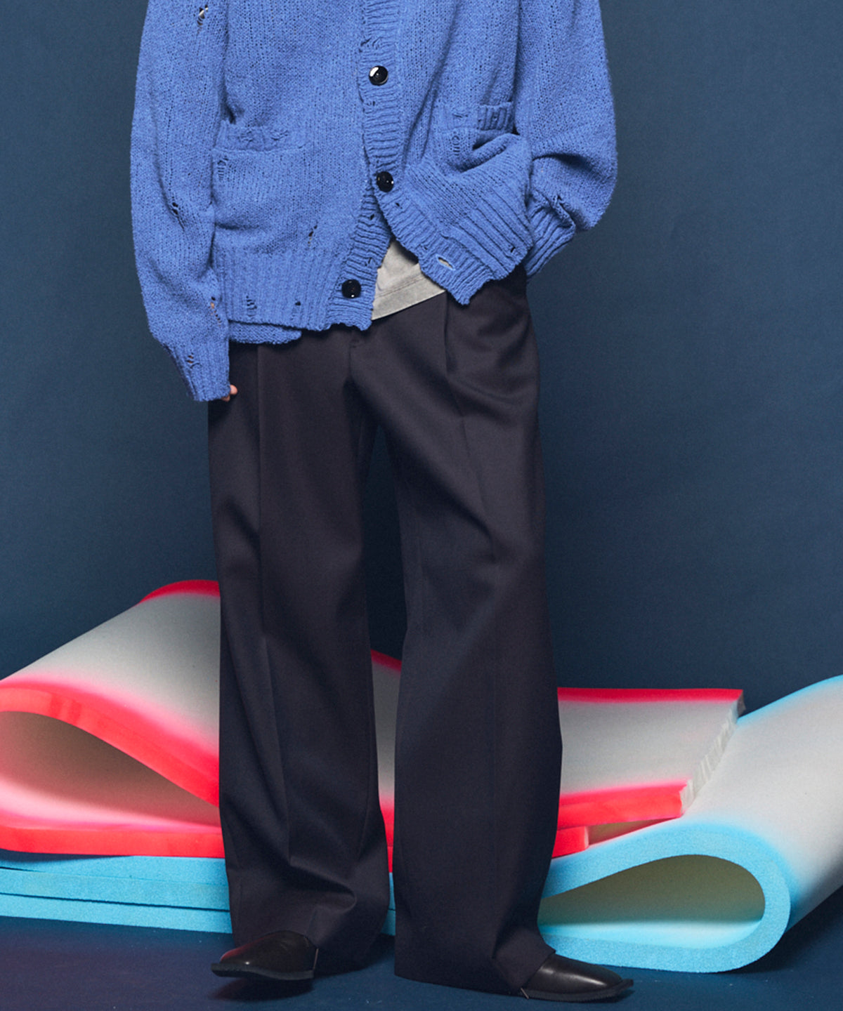 4 Colors Chambray Washable Wool Prime-Wide One Tuck Wide Pants