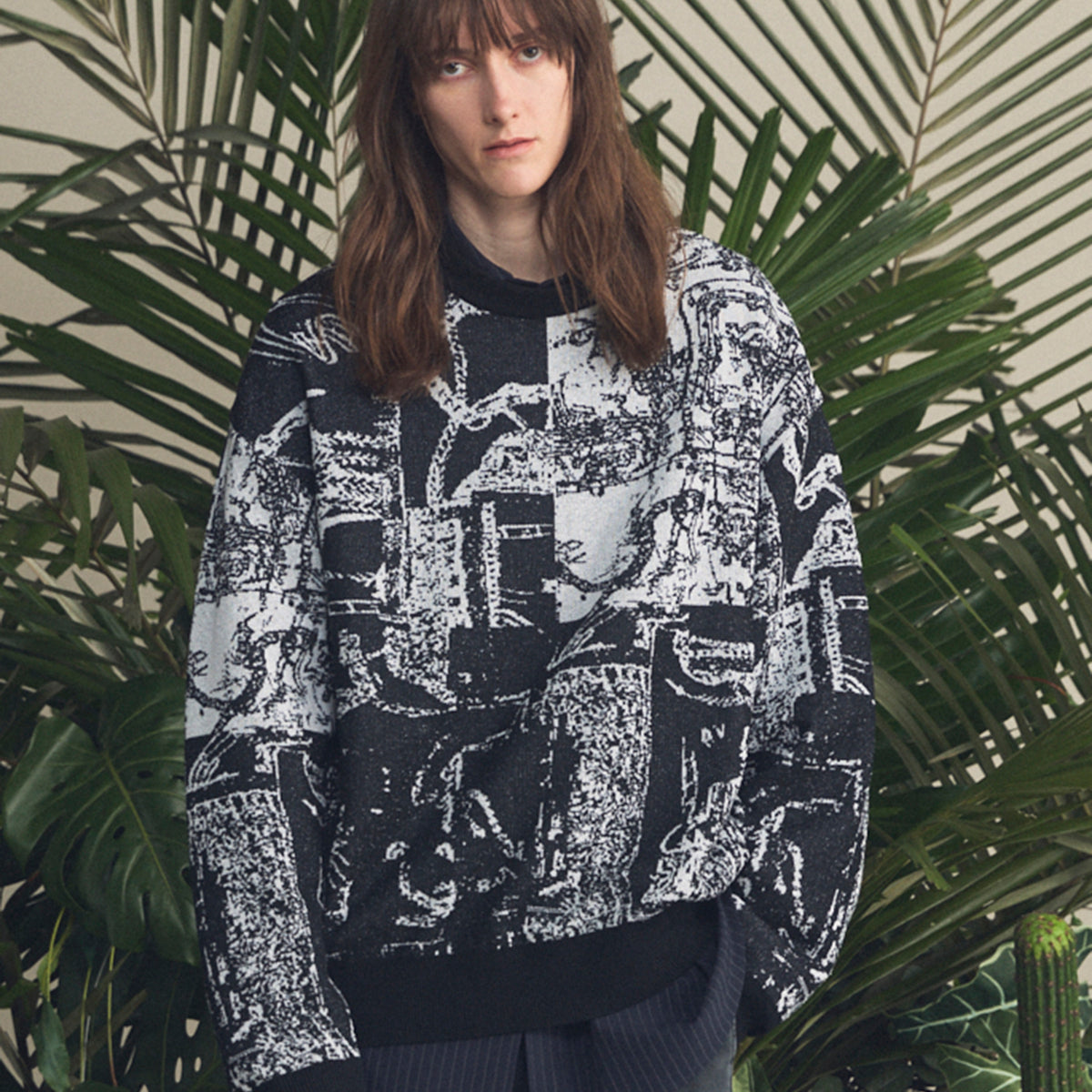 サ*ー様 【完売品】GRAPE 25AW アシンメトリーロングイヤーニットキャッ Scarf Collage Jacquard Prime-Over Crew Neck Knit Pullover