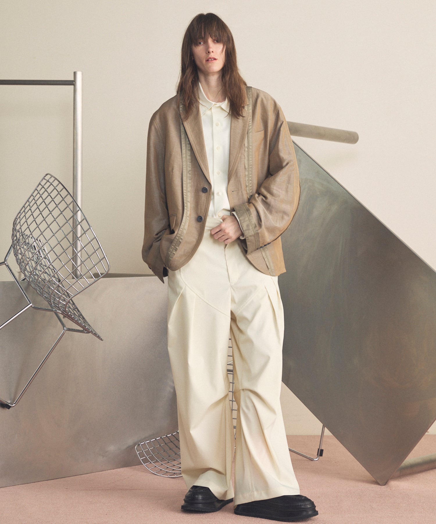 4 Colors Chambray Washable Wool Peaked Lapel Double Breasted Jacket