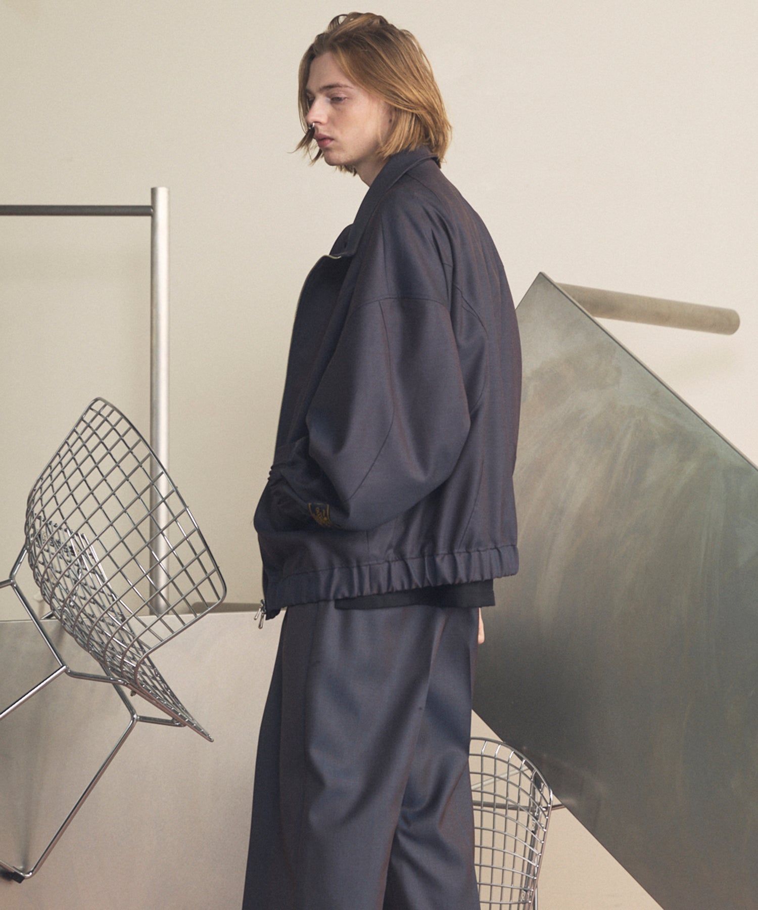 【26SS PRE-ORDER】4 Colors Chambray Washable Wool Prime-Over Switching Stand Collar Blouson