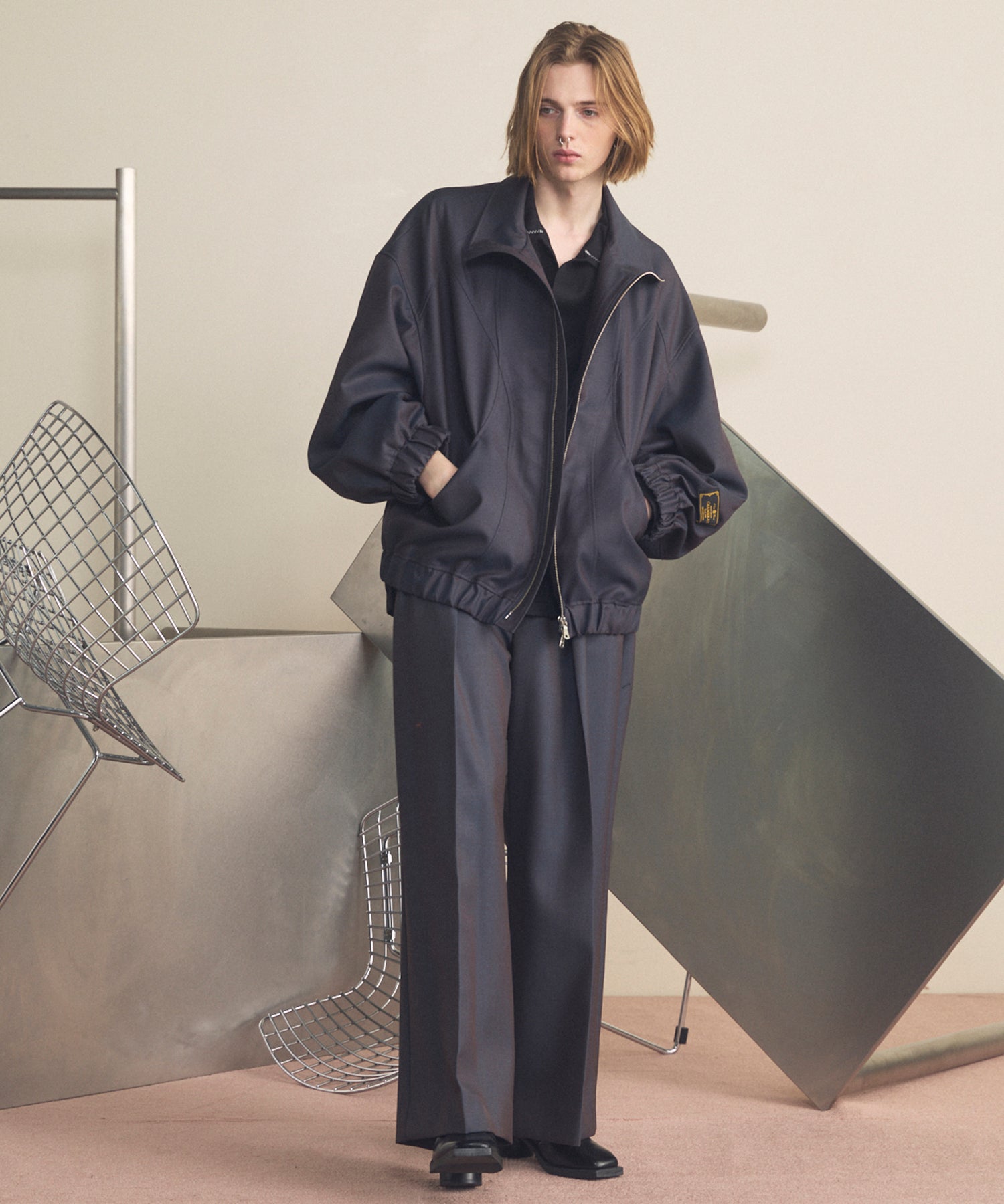 【26SS PRE-ORDER】4 Colors Chambray Washable Wool Prime-Over Switching Stand Collar Blouson