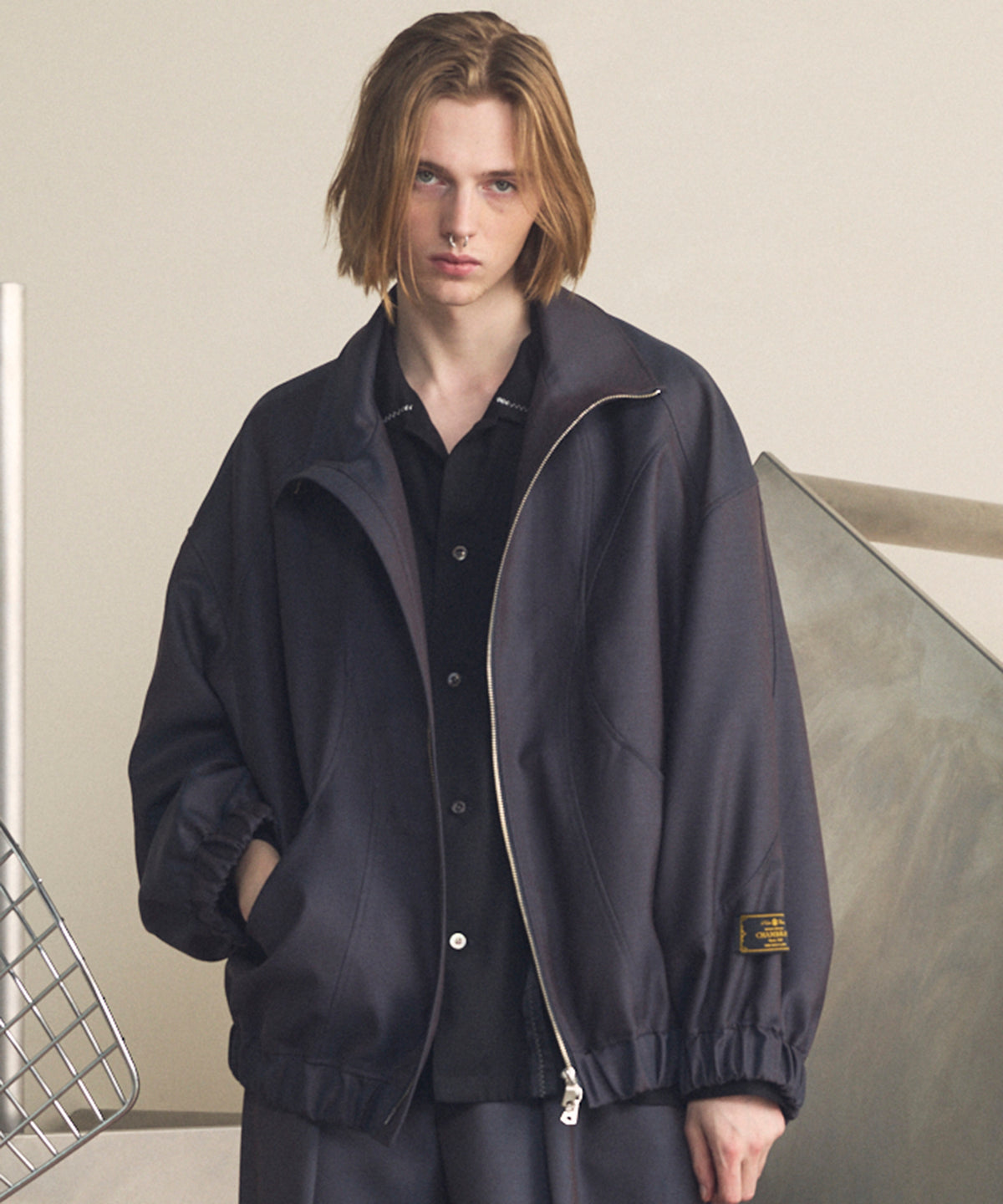 【26SS PRE-ORDER】4 Colors Chambray Washable Wool Prime-Over Switching Stand Collar Blouson