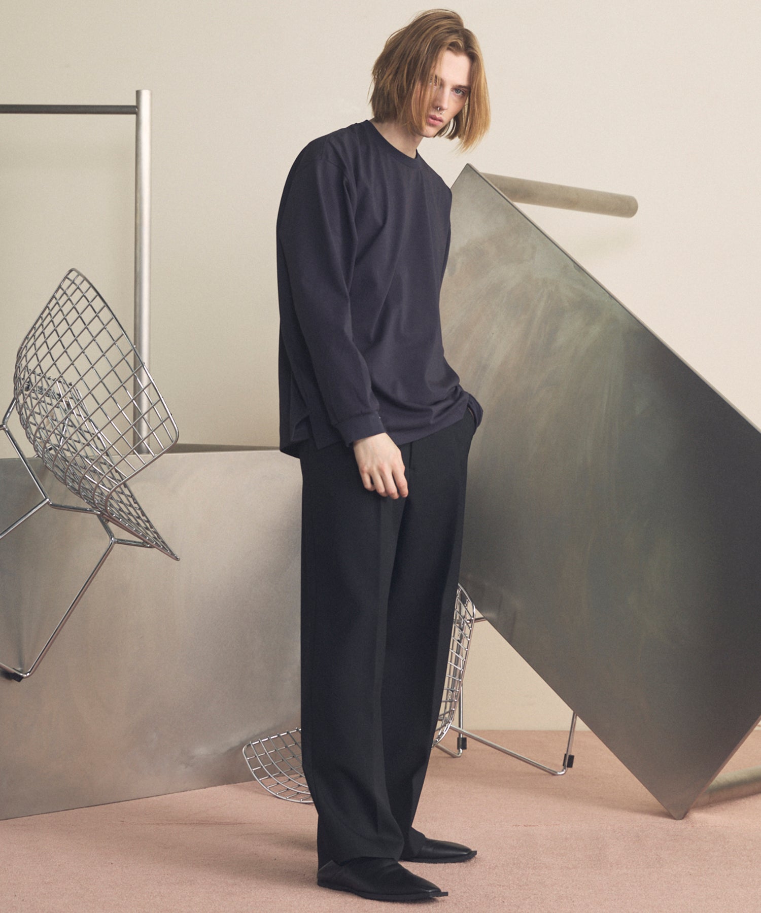 4 색 샹 브레이 세탁 가능한 양모 프라임 전역의 턱 넓은 바지