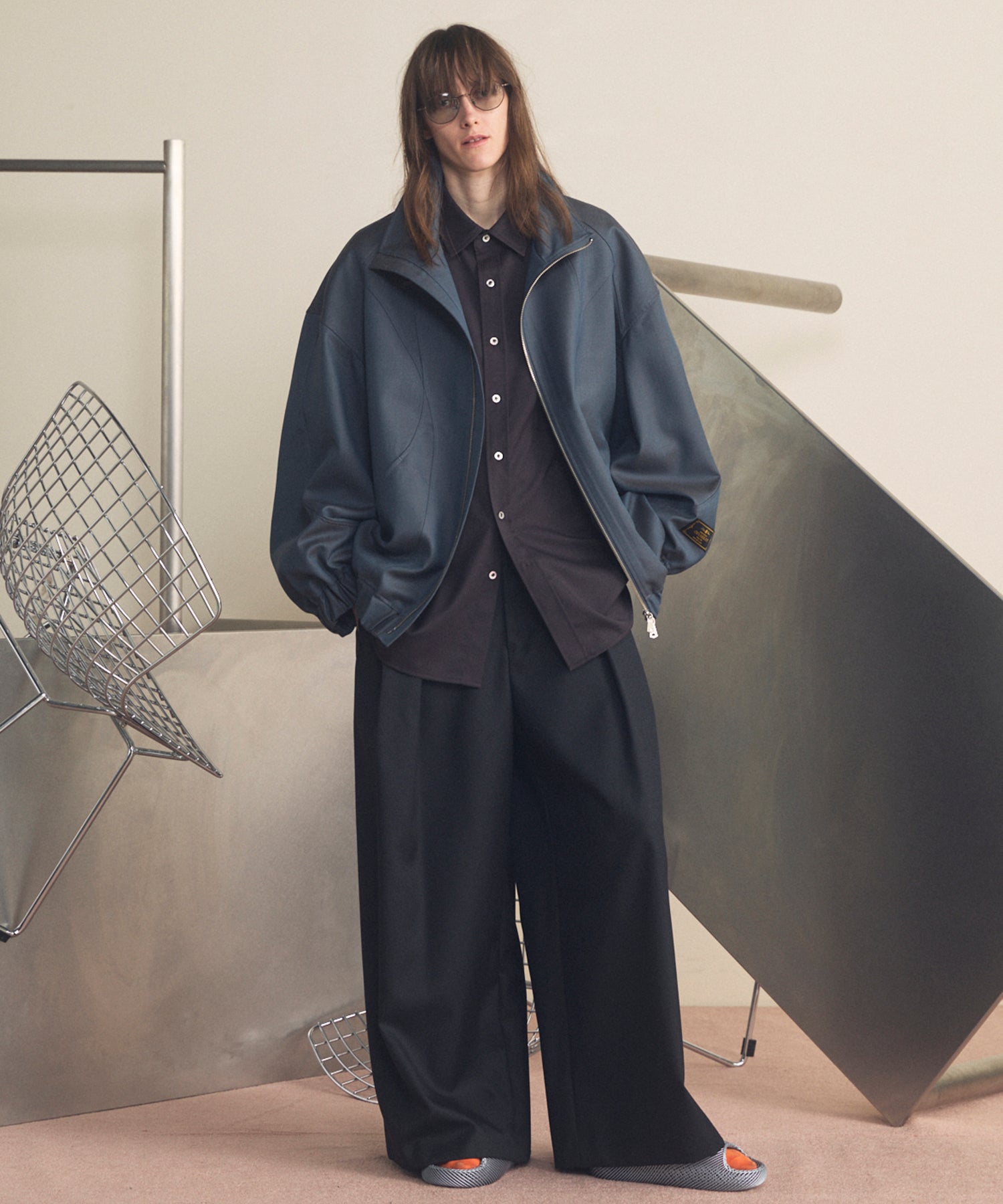 【26SS PRE-ORDER】4 Colors Chambray Washable Wool Prime-Over Switching Stand Collar Blouson