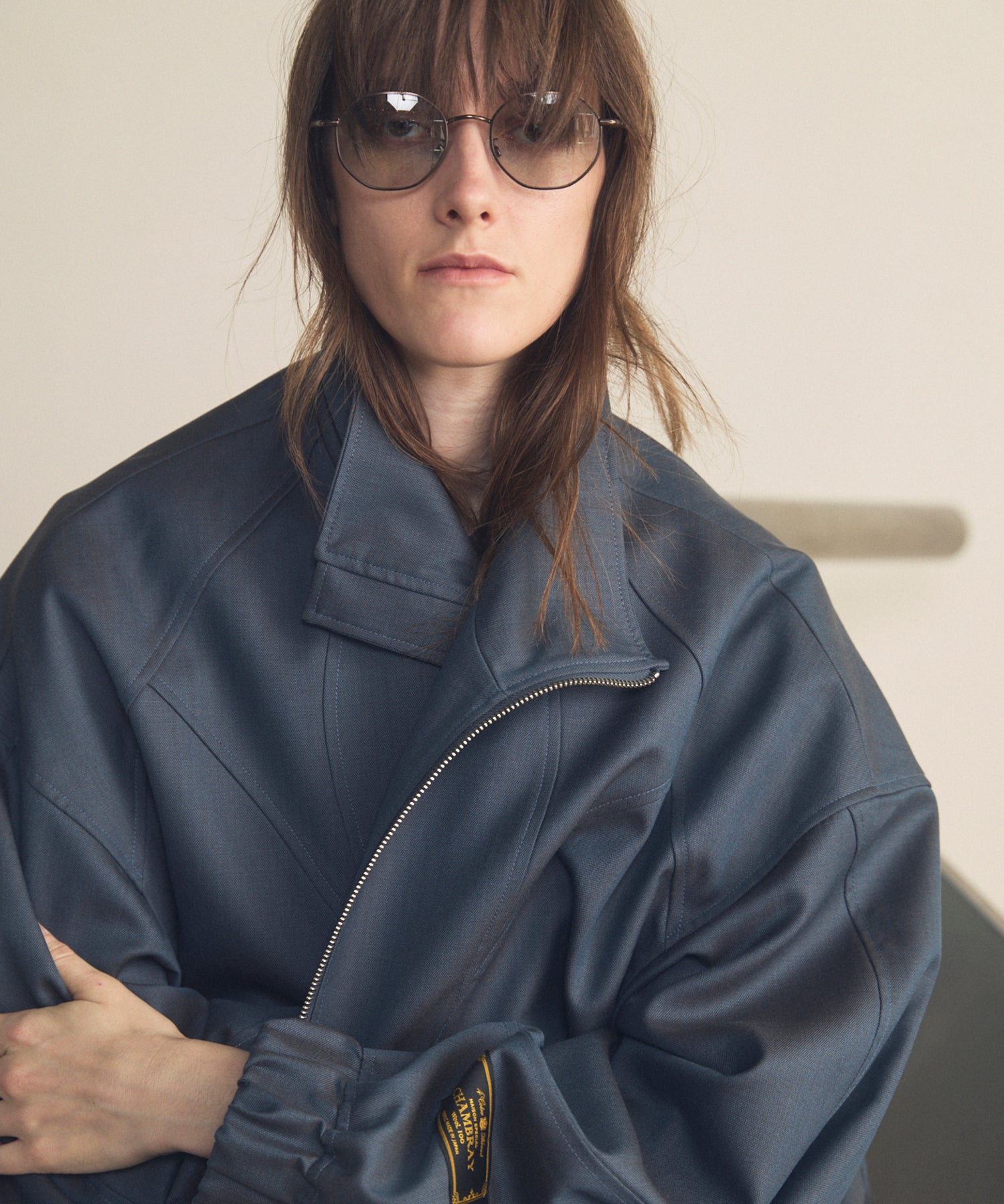 【26SS PRE-ORDER】4 Colors Chambray Washable Wool Prime-Over Switching Stand Collar Blouson