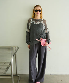 Lace-Combi Mesh Knit Pullover