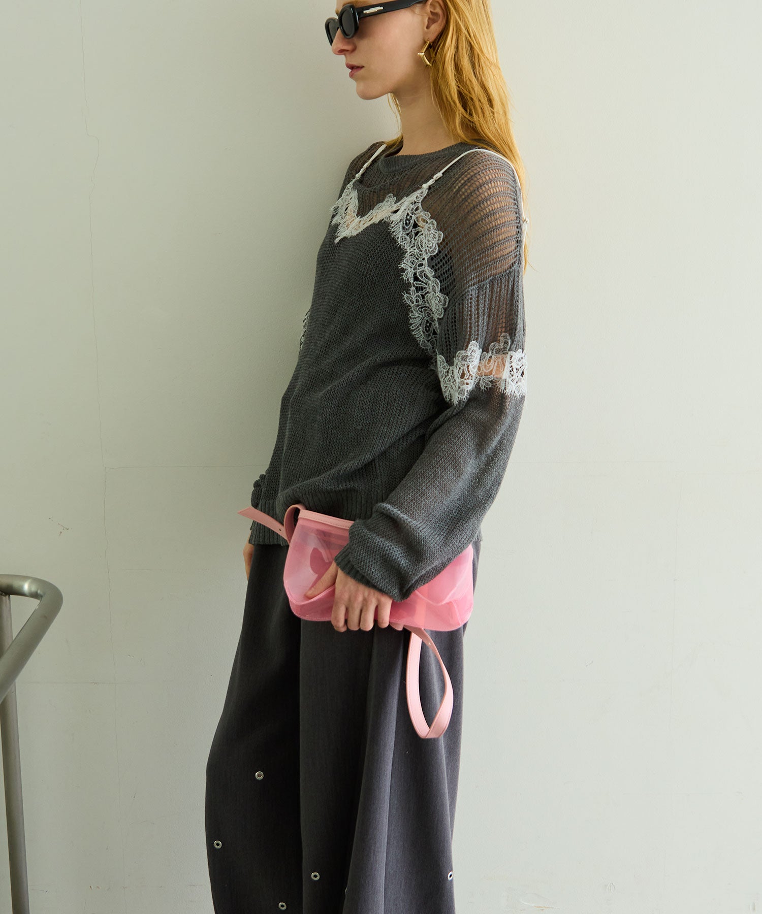 Lace-Combi Mesh Knit Pullover