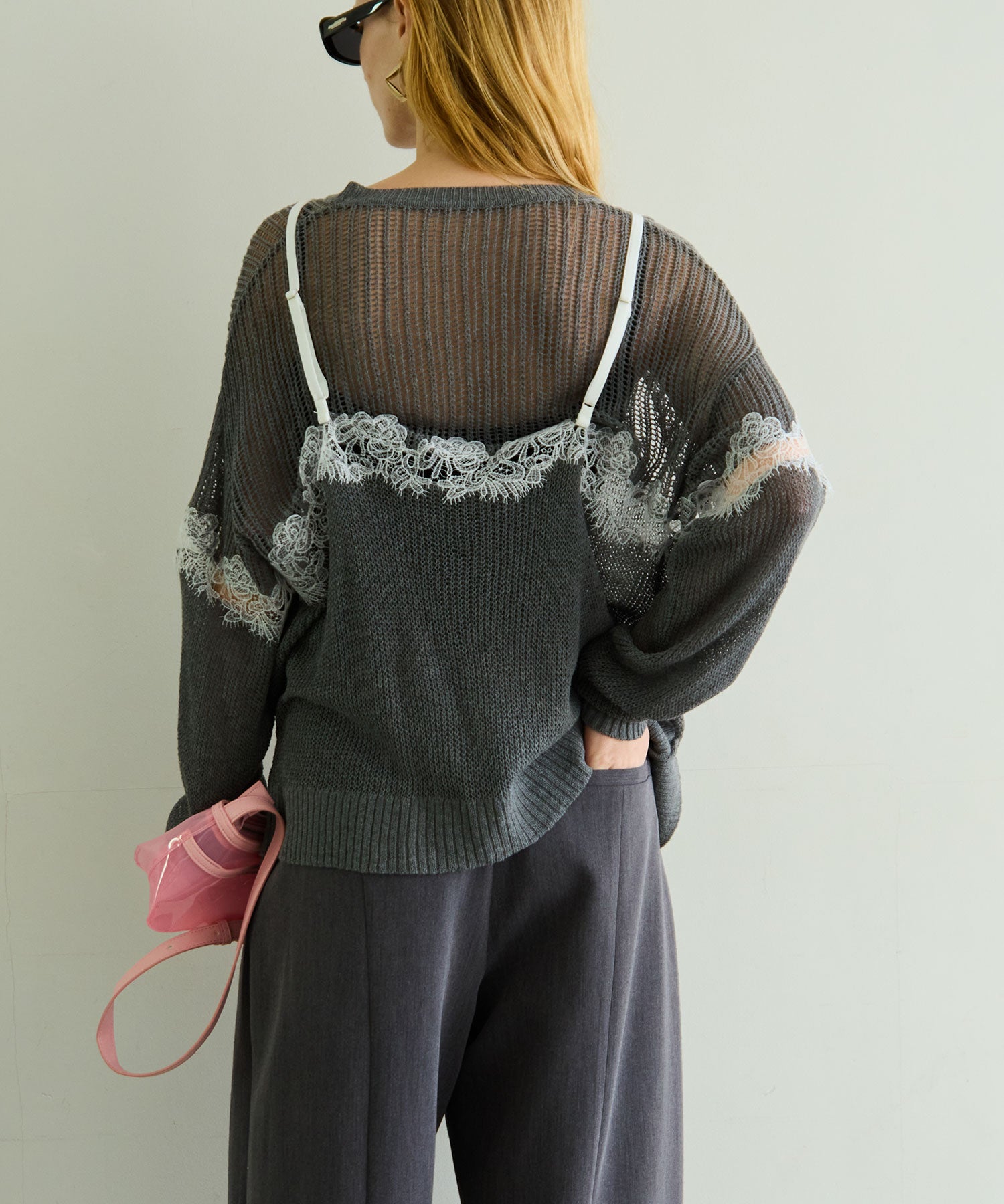 Lace-Combi Mesh Knit Pullover