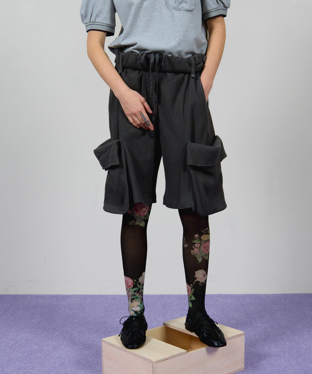 【OPEN YY】ROLLED WAIST WAFFLE CARGO SHORTS