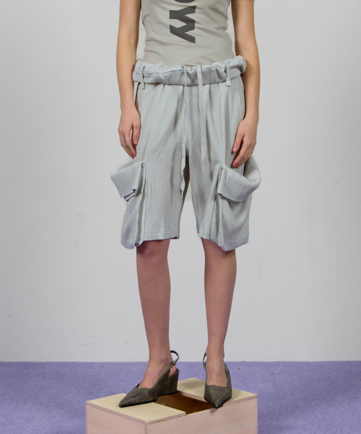 【OPEN YY】ROLLED WAIST WAFFLE CARGO SHORTS