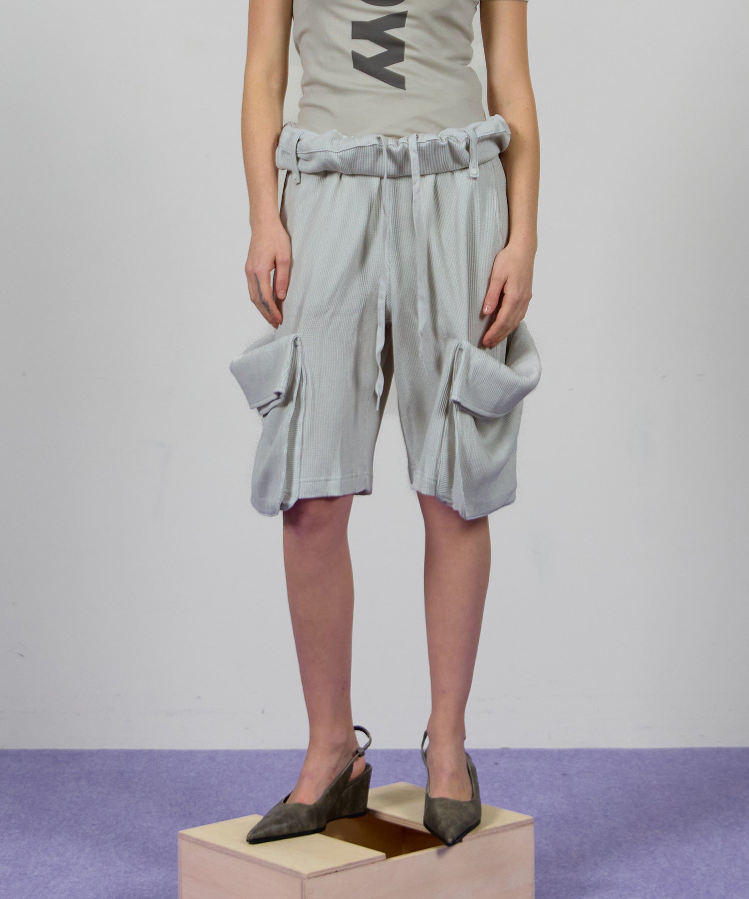 【OPEN YY】ROLLED WAIST WAFFLE CARGO SHORTS