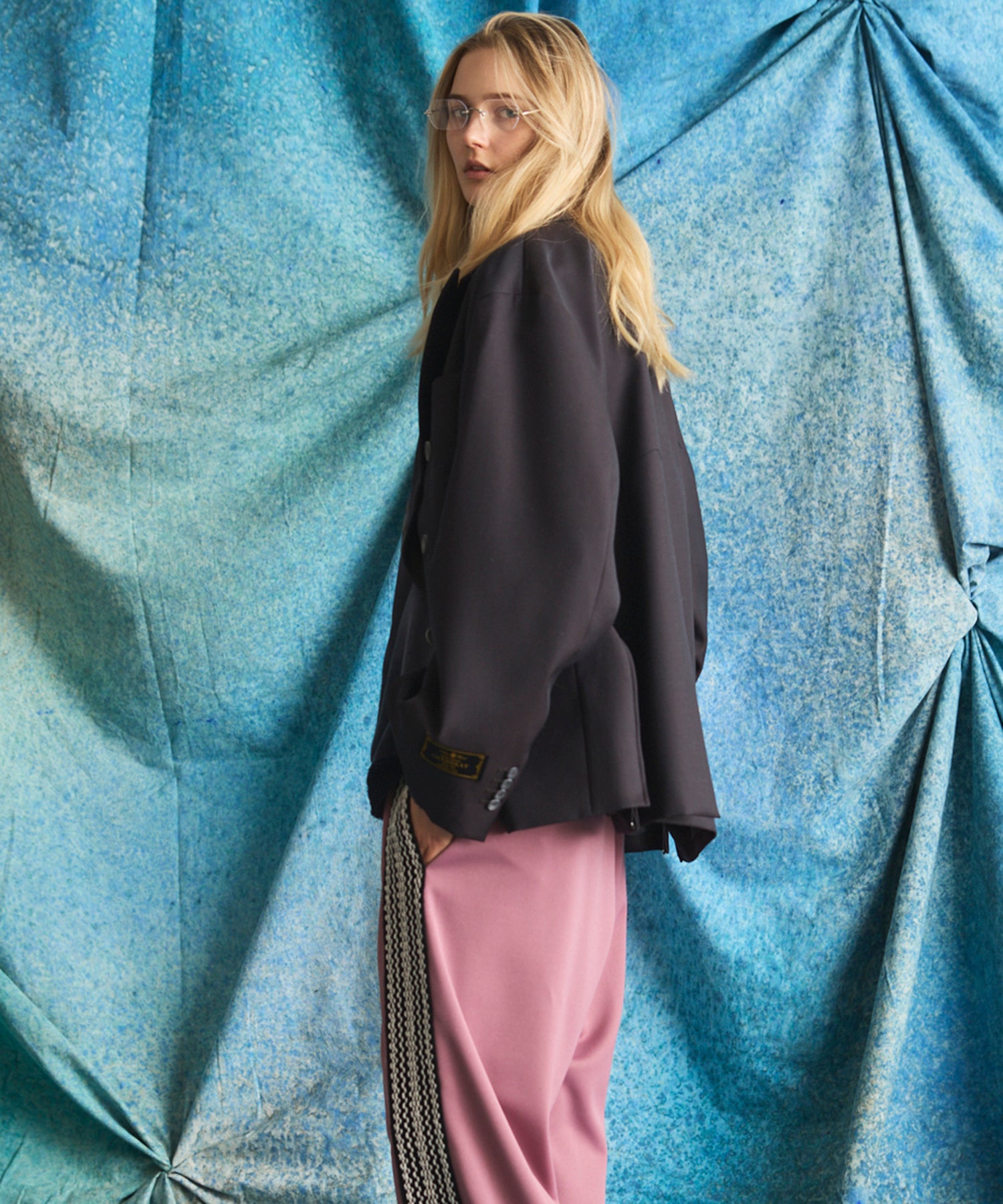 4 Colors Chambray Washable Wool Prime-Over Peaked Lapel Double Breasted Jacket