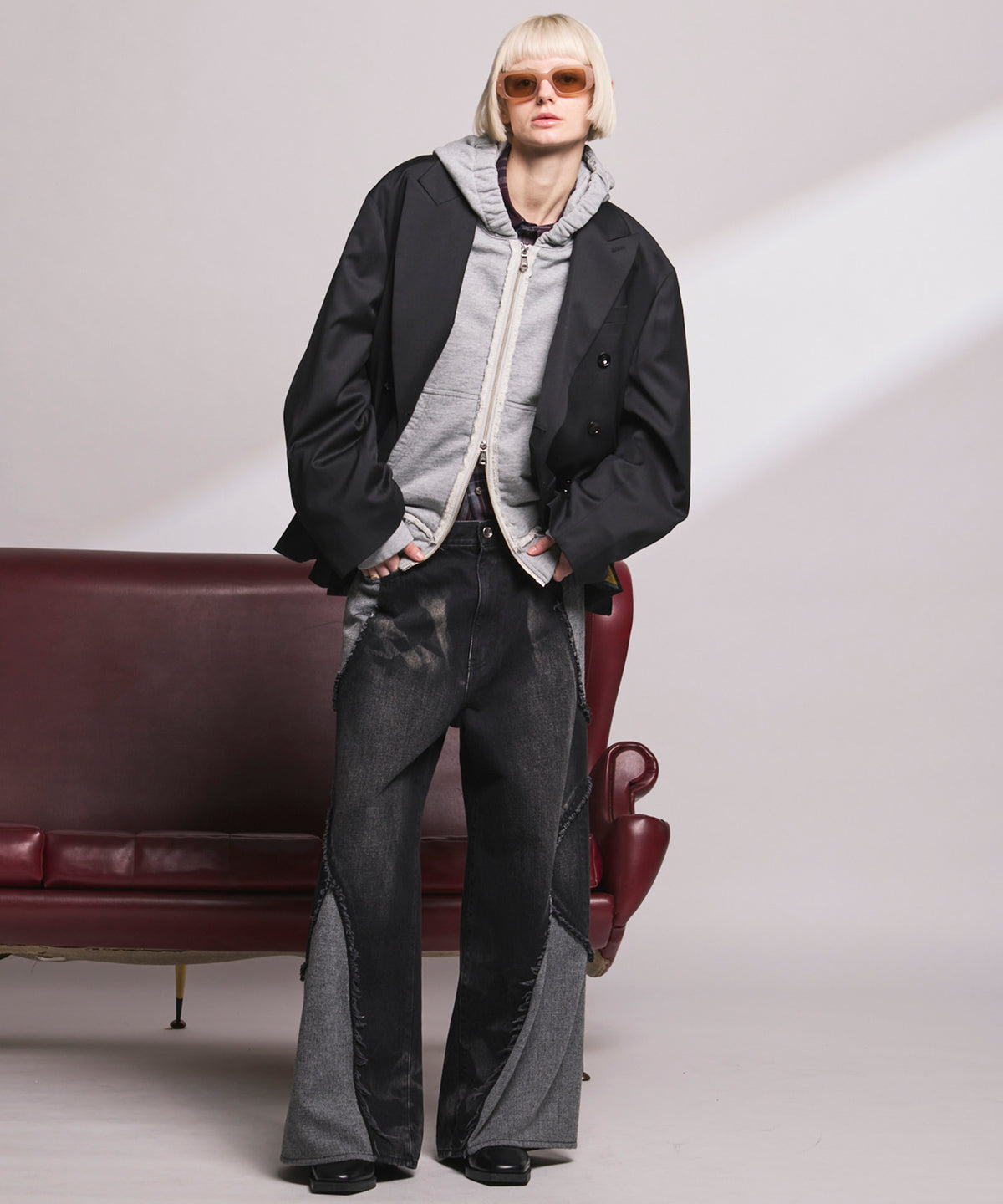 4 색 샹 브레이 세탁 가능한 양모 피크 라펠 더블 가슴 재킷