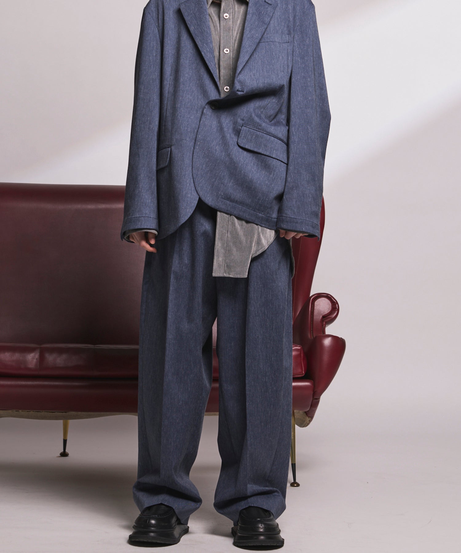 4 Colors Chambray Washable Wool Peaked Lapel Double Breasted Jacket