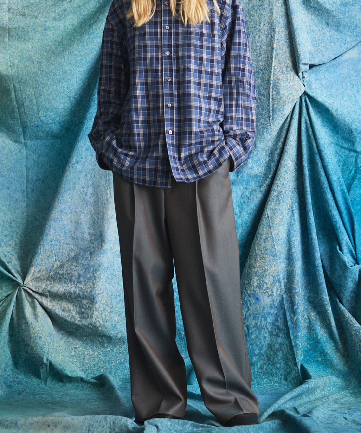 4種顏色Chambray可洗的羊毛整個Prime One Tuck寬褲子