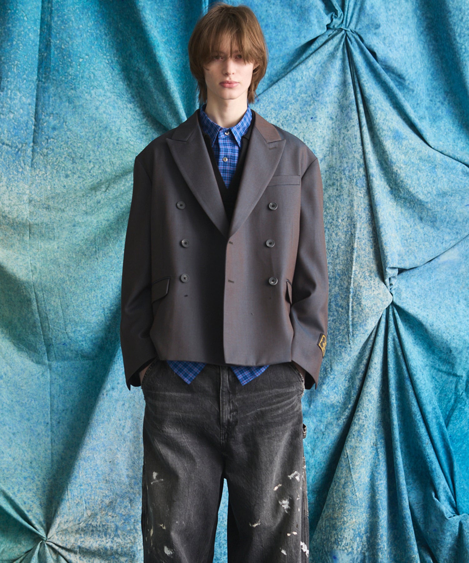 4 Colors Chambray Washable Wool Prime-Over Peaked Lapel Double Breasted Jacket