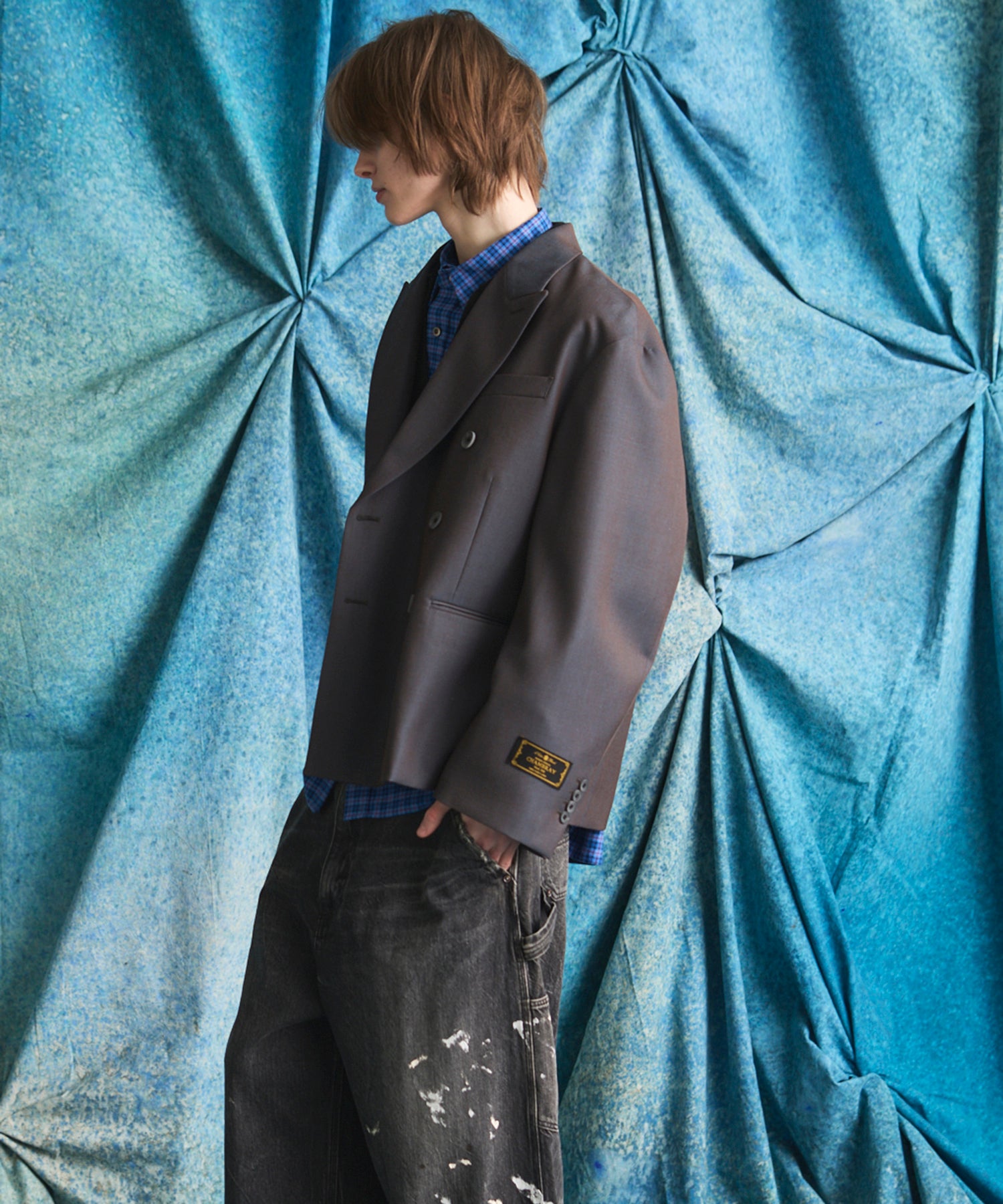 4 Colors Chambray Washable Wool Prime-Over Peaked Lapel Double Breasted Jacket