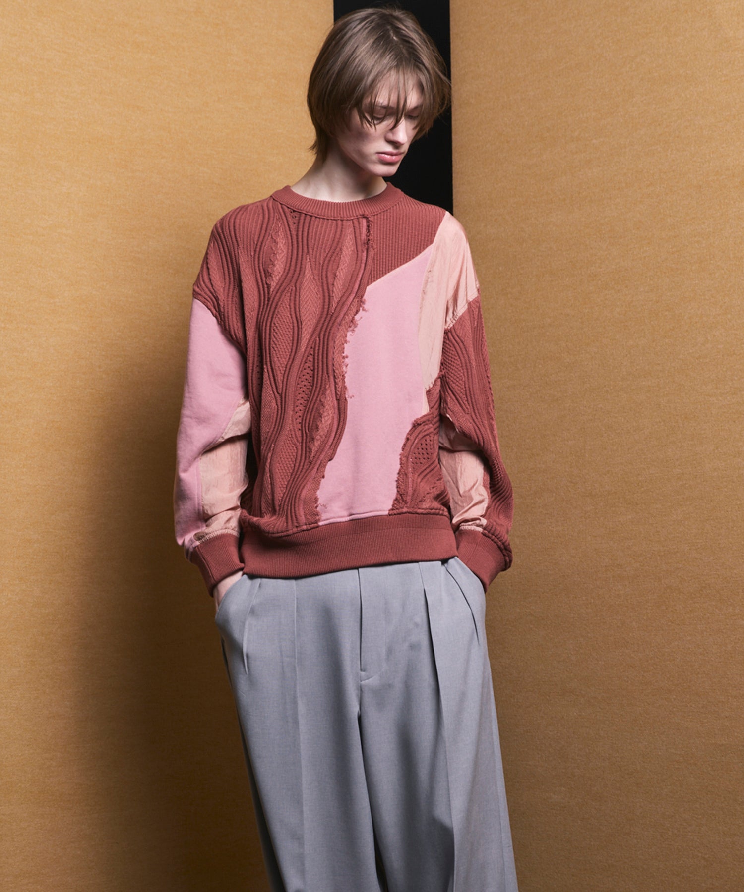 Different Material Docking Prime-Over 3D Knit Pullover