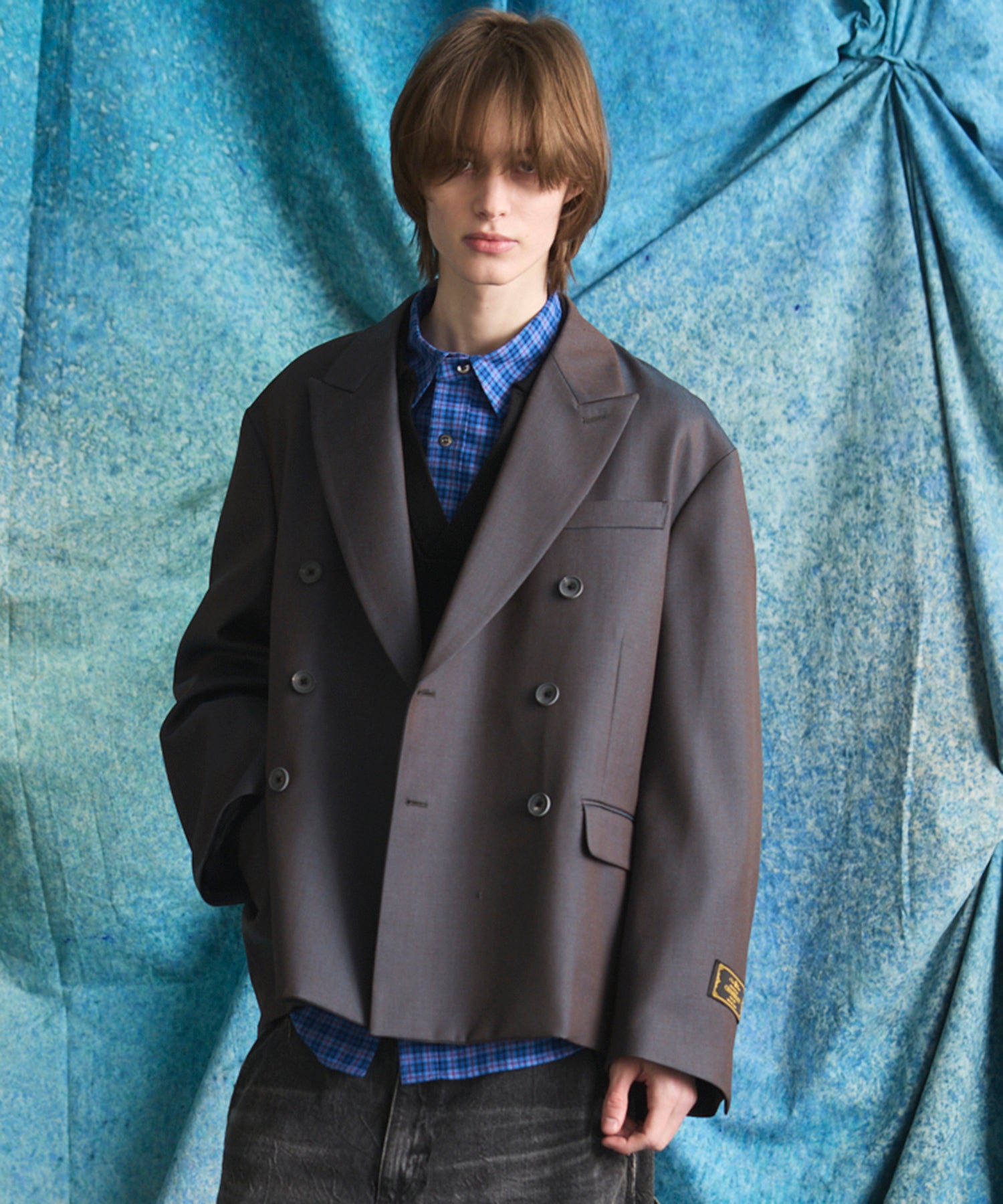 4 Colors Chambray Washable Wool Prime-Over Peaked Lapel Double Breasted Jacket