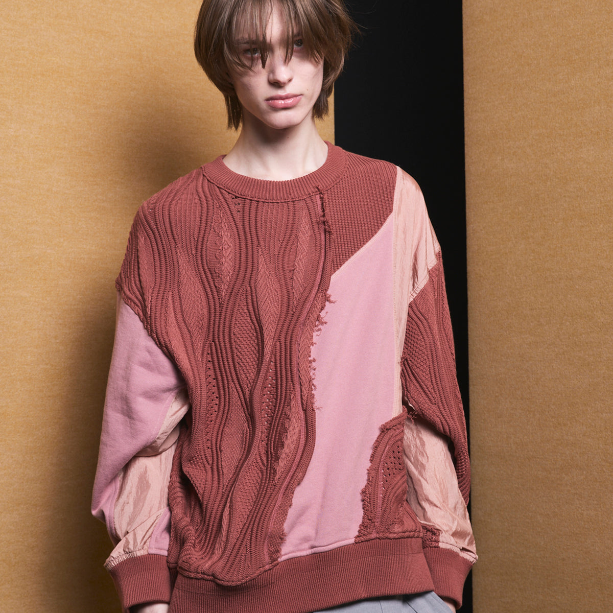 Different Material Docking Prime-Over 3D Knit Pullover