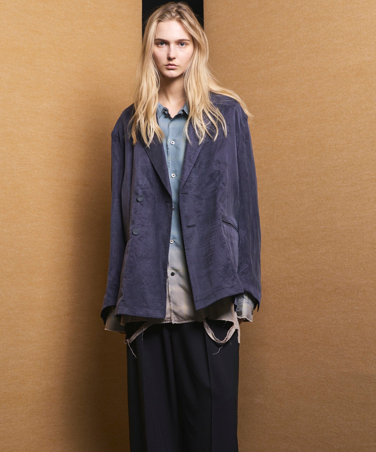 4 Colors Chambray Washable Wool Peaked Lapel Double Breasted Jacket