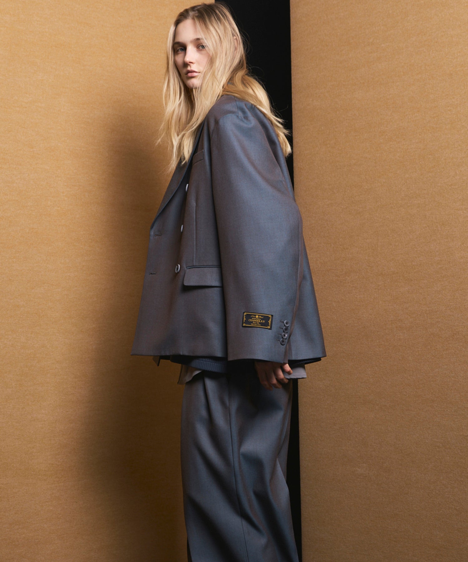 4 Colors Chambray Washable Wool Prime-Over Peaked Lapel Double Breasted Jacket