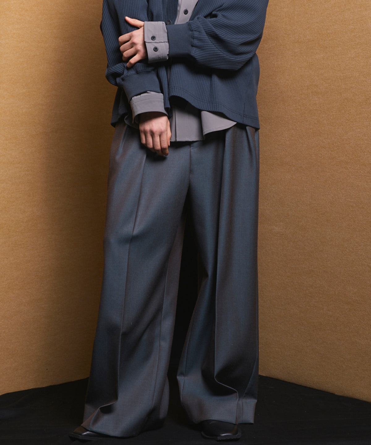 4 Colors Chambray Washable Wool Prime-Wide Two Tuck Wide Pants