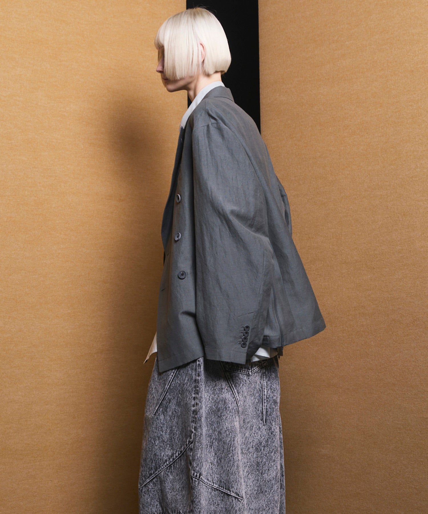 4 Colors Chambray Washable Wool Peaked Lapel Double Breasted Jacket