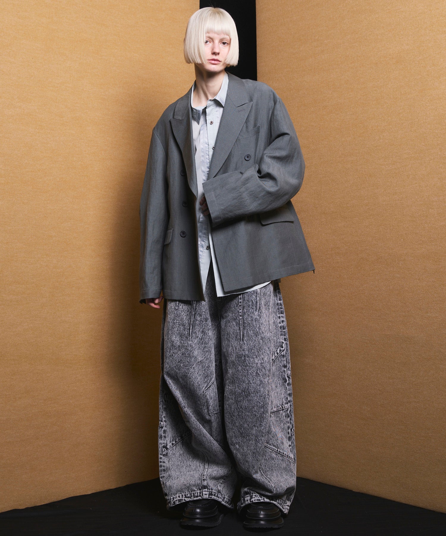 4 Colors Chambray Washable Wool Peaked Lapel Double Breasted Jacket