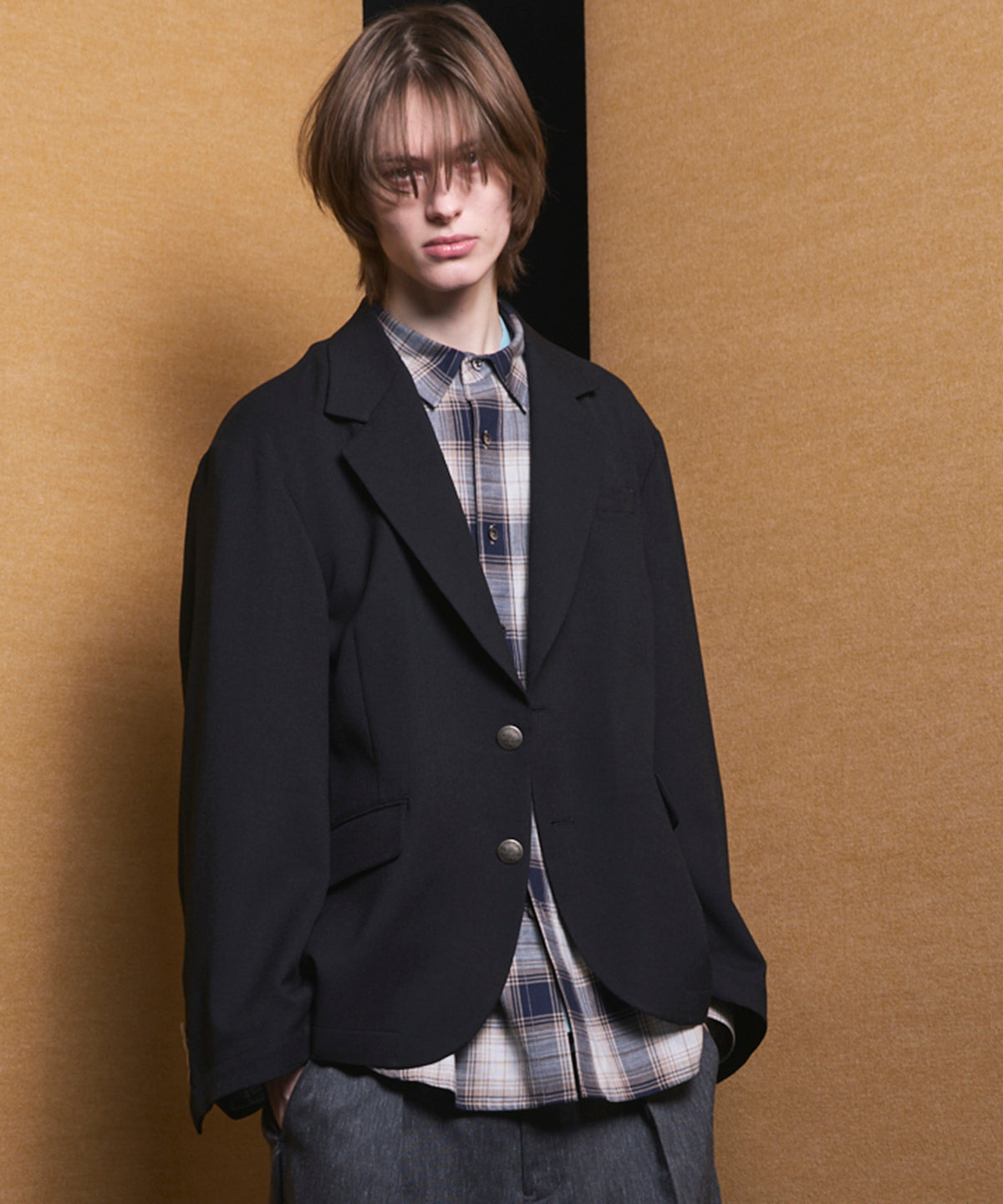 4 색 샹 브레이 세탁 가능한 양모 피크 라펠 더블 가슴 재킷