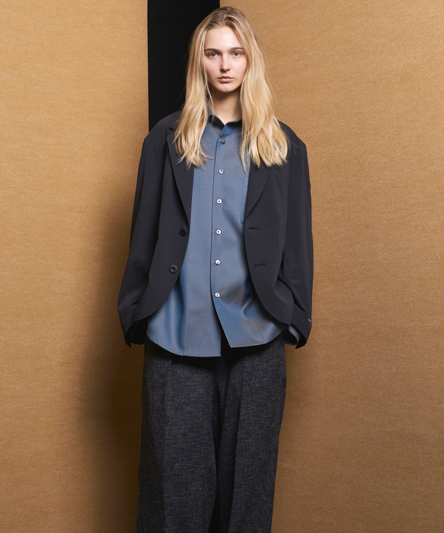 4 Colors Chambray Washable Wool Peaked Lapel Double Breasted Jacket