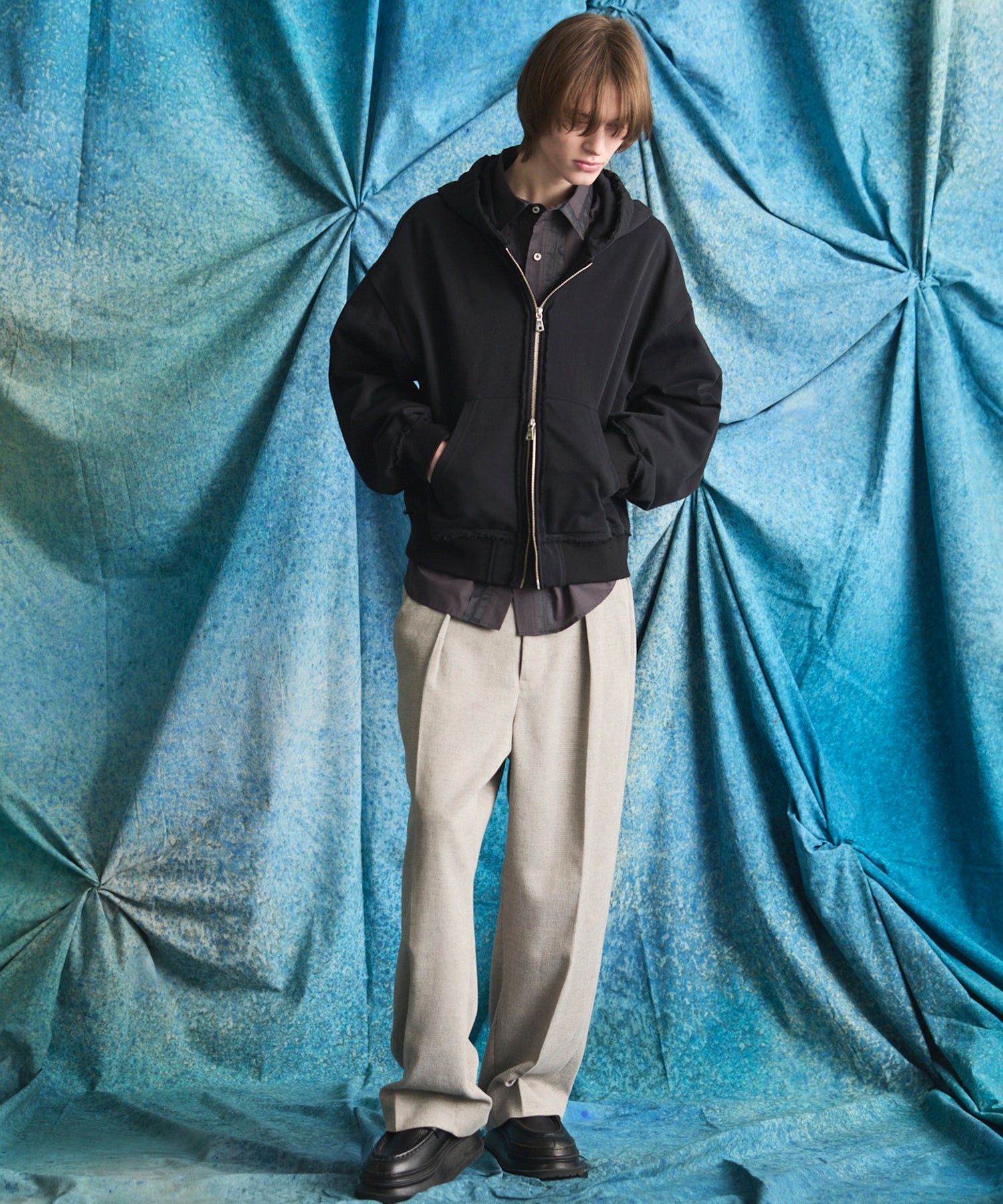 4 Colors Chambray Washable Wool Peaked Lapel Double Breasted Jacket