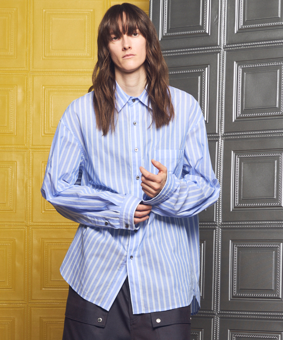 [이탈리아 데드 스톡 패브릭] 프라임 오버 레귤러 칼라 헤비 웨이트 플란넬 셔츠 블루종