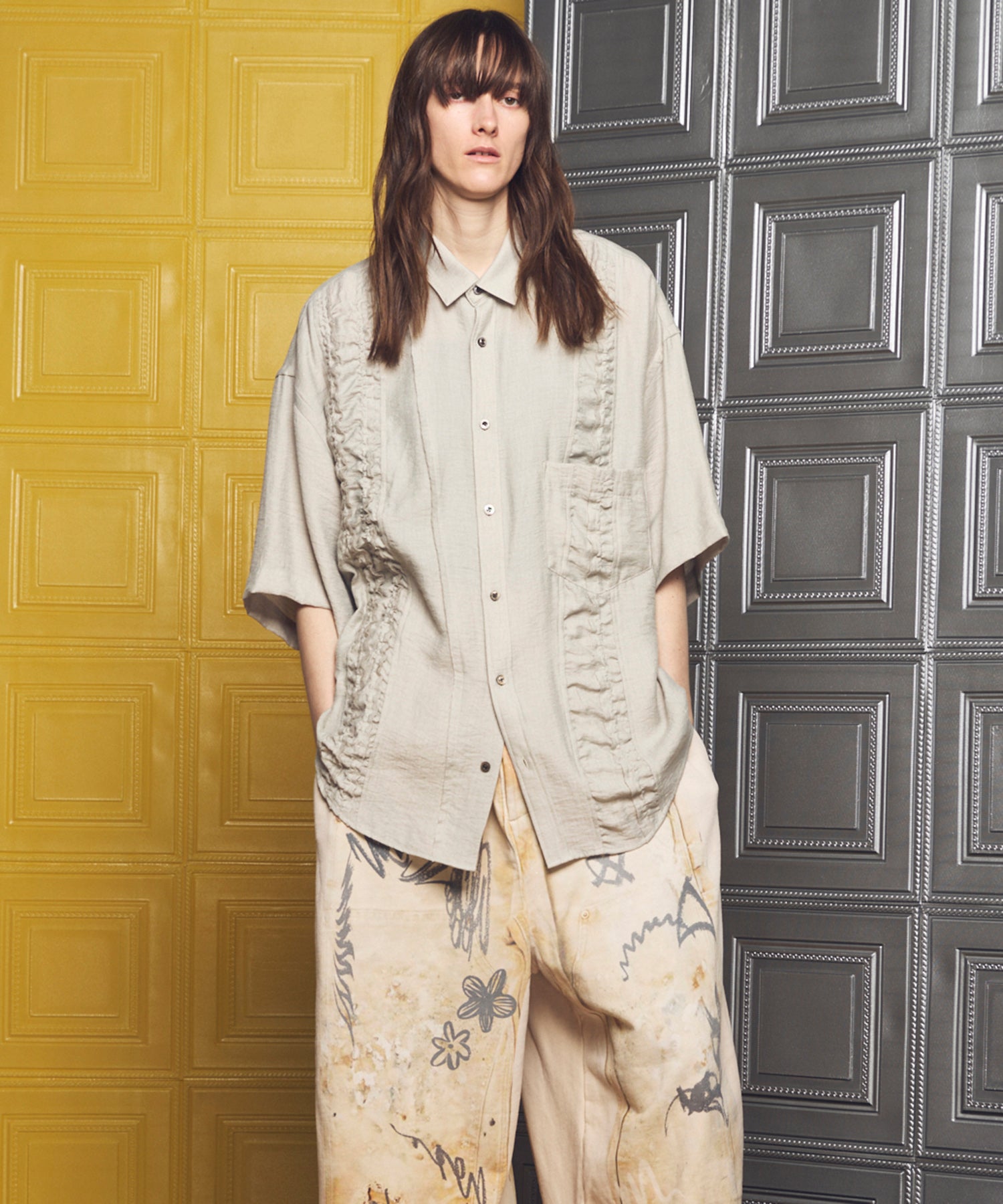 Gathered Ruffle Switching Prime-Over Short Sleeve Shirt